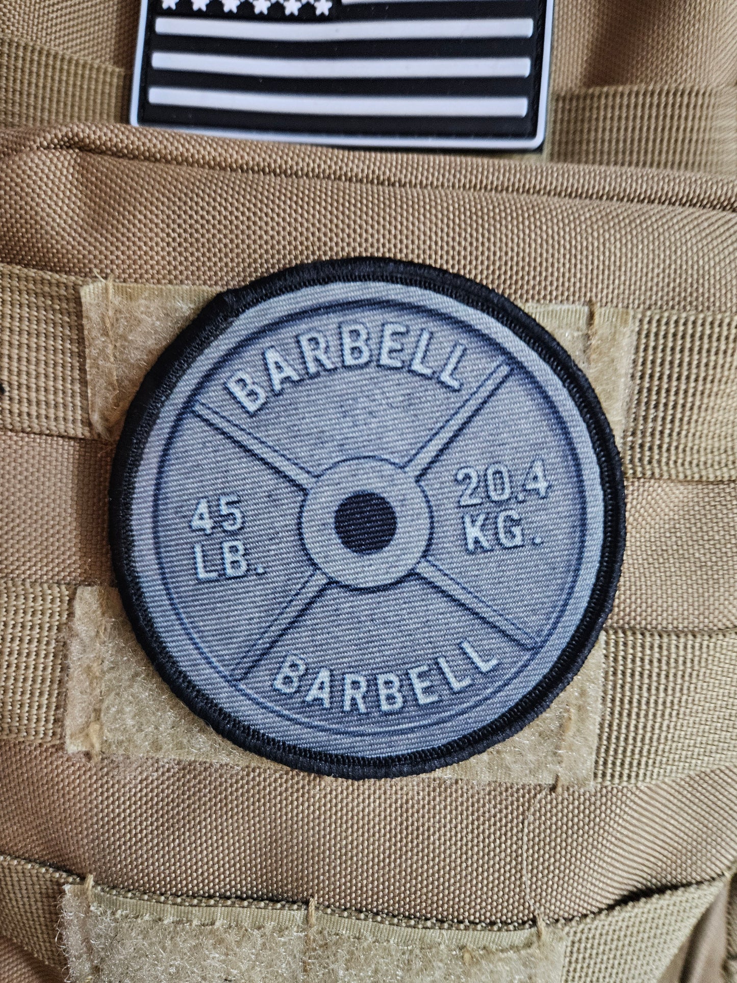 45 pound barbell plate fitness 3" circle morale patch with hook and loop backing