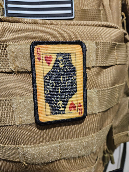 Gothic style skeleton queen of hearts 2"x3"  removable morale patch with hook and loop backing