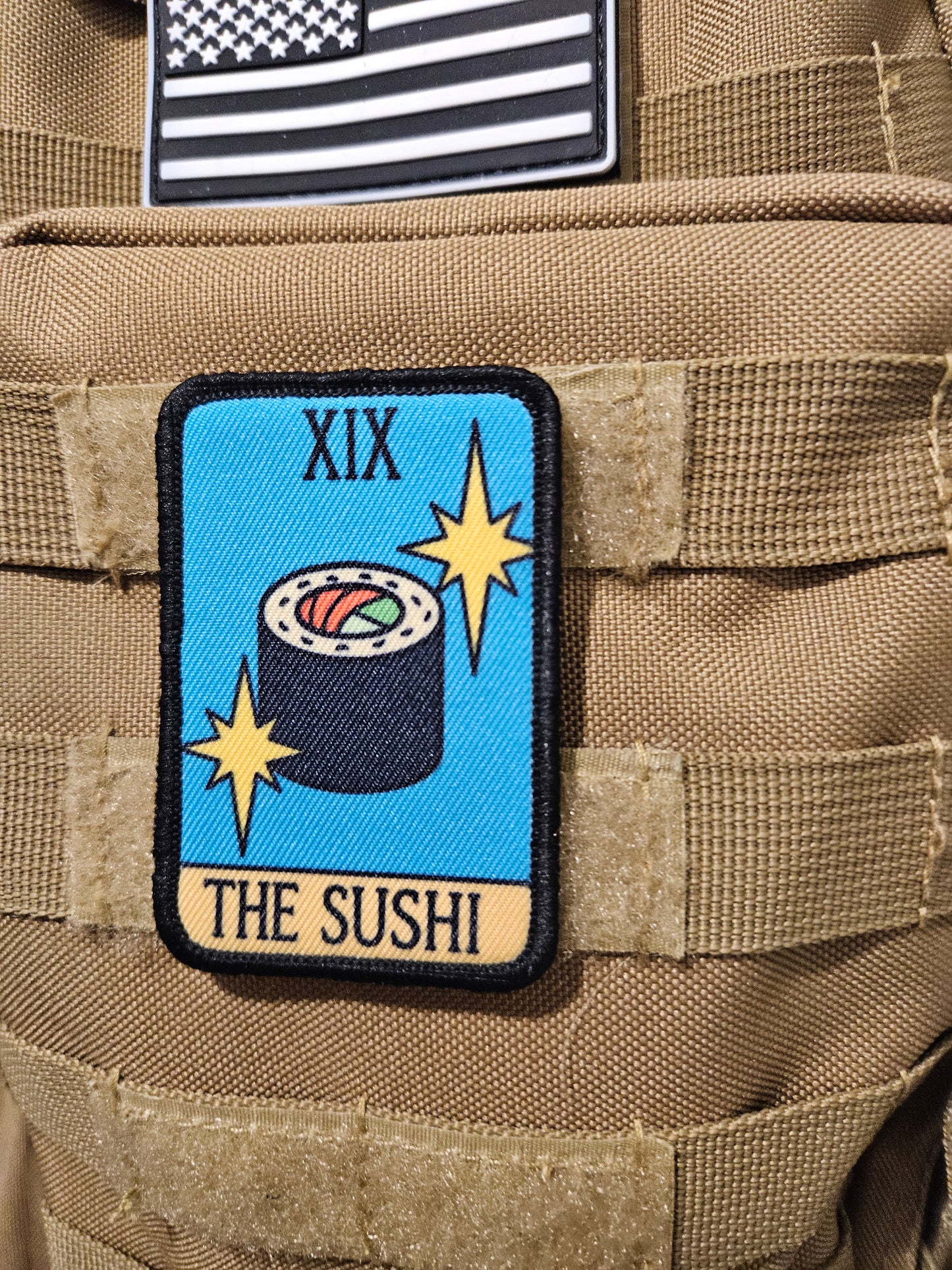 the sushi tarot card funny meme 2"x3" morale patch with hook and loop backing education