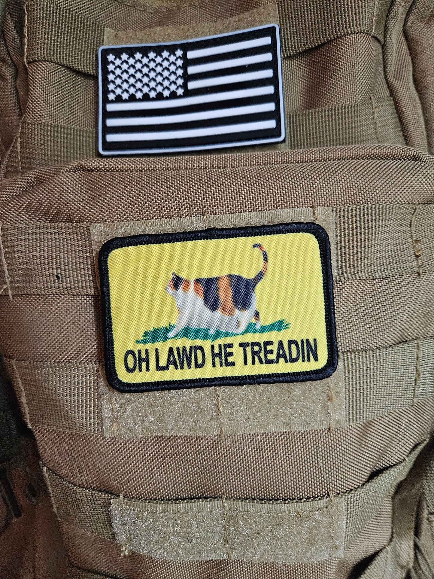 Oh lawd he treadin Gadsden flag calico fat cat meme 2"x3" removable morale patch with hook and loop backing