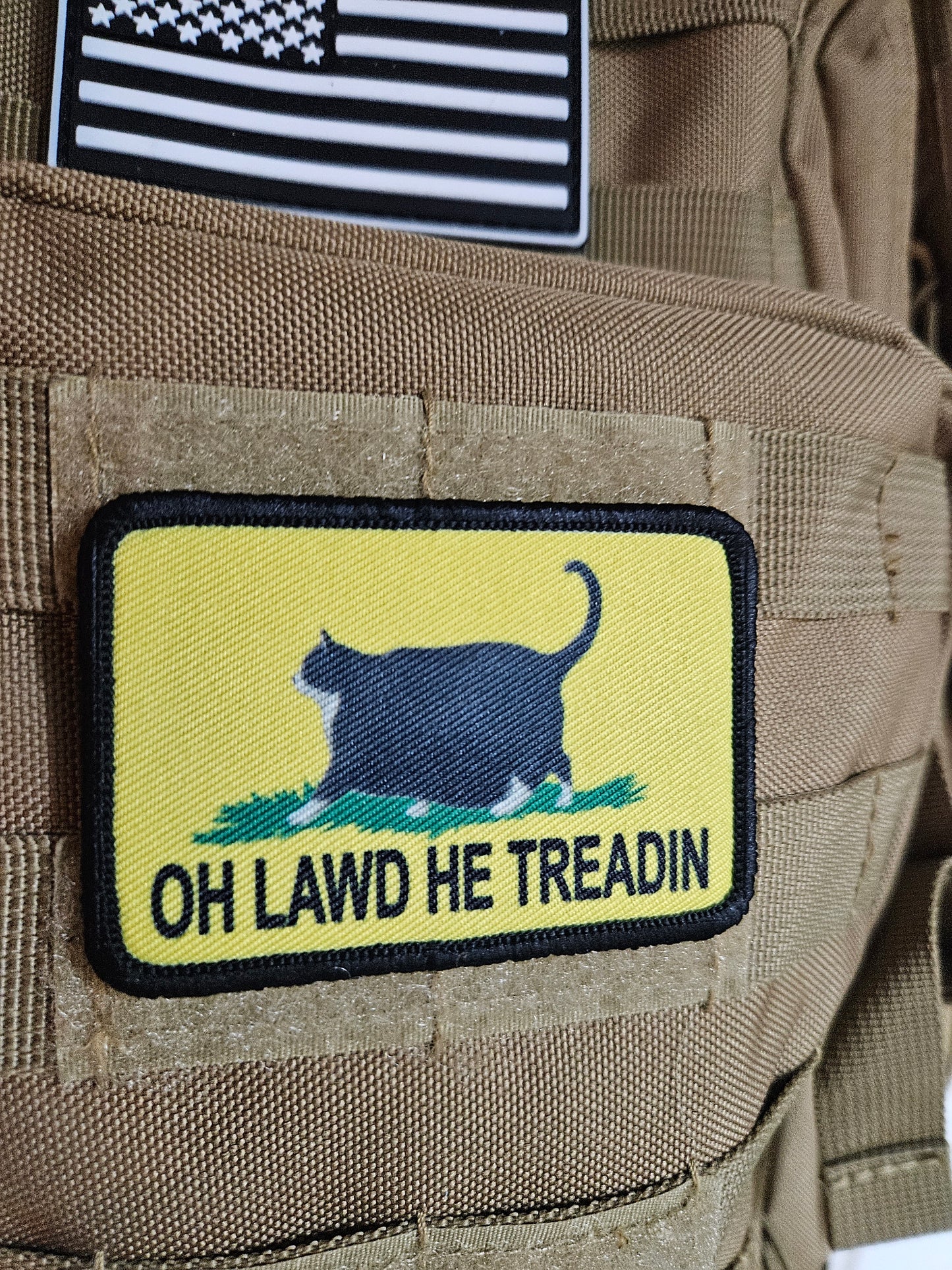 Oh lawd he treadin Gadsden flag tuxedo fat cat meme 2"x3" removable morale patch with hook and loop backing