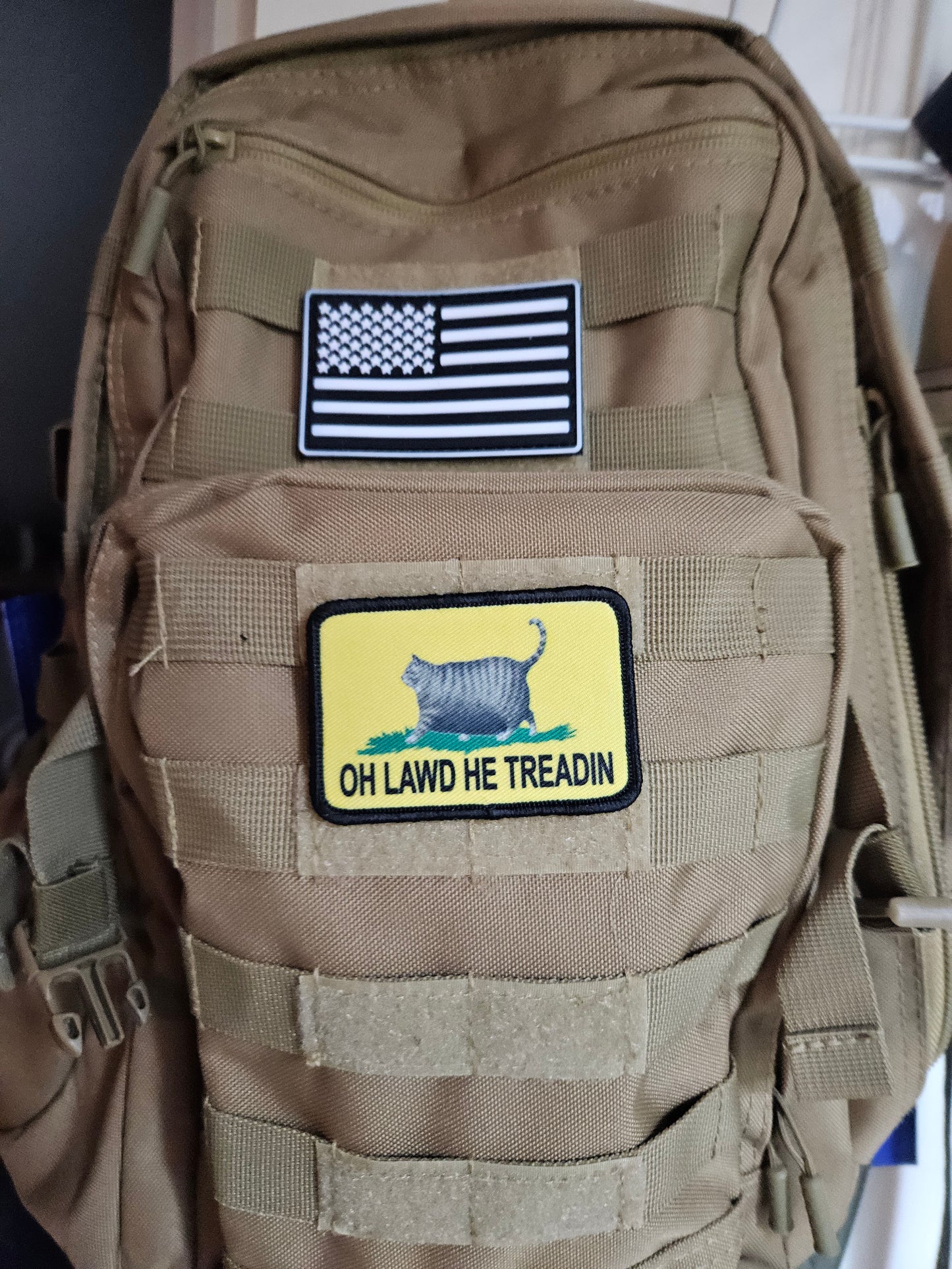 Oh lawd he treadin Gadsden flag gray tabby fat cat meme 2"x3" removable morale patch with hook and loop backing