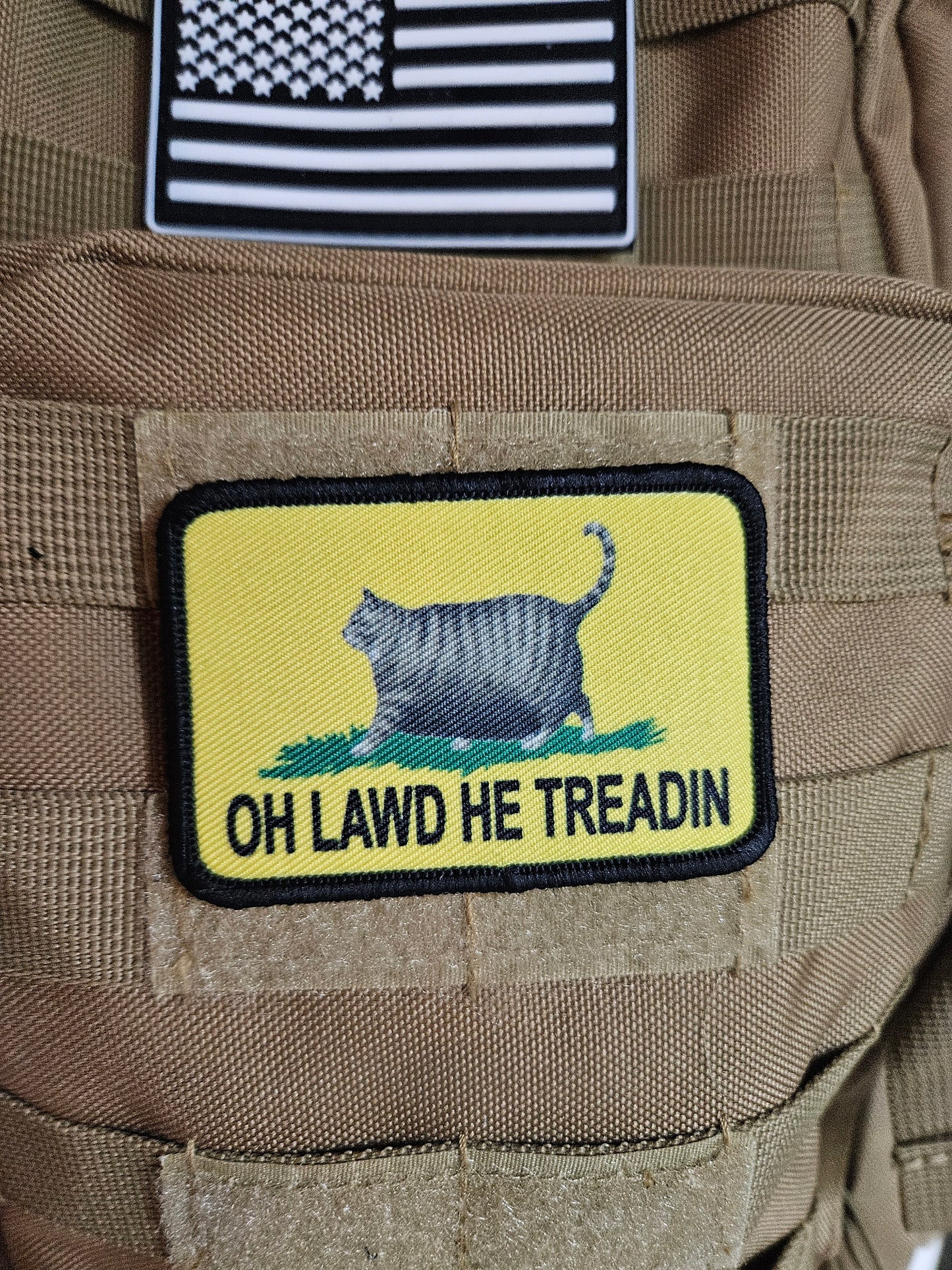 Oh lawd he treadin Gadsden flag gray tabby fat cat meme 2"x3" removable morale patch with hook and loop backing