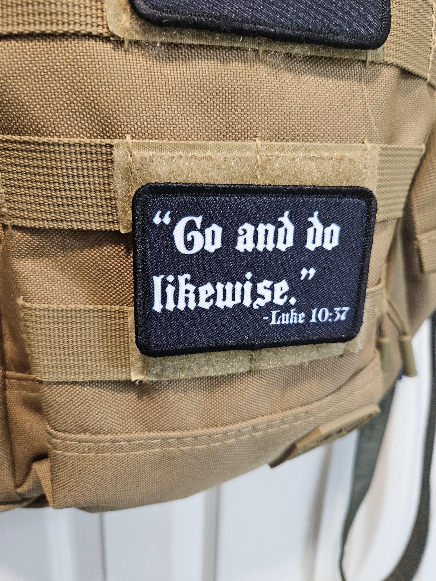 Go and do likewise Luke 10:37 bible verse 2"x3" removable morale patch with hook and loop backing