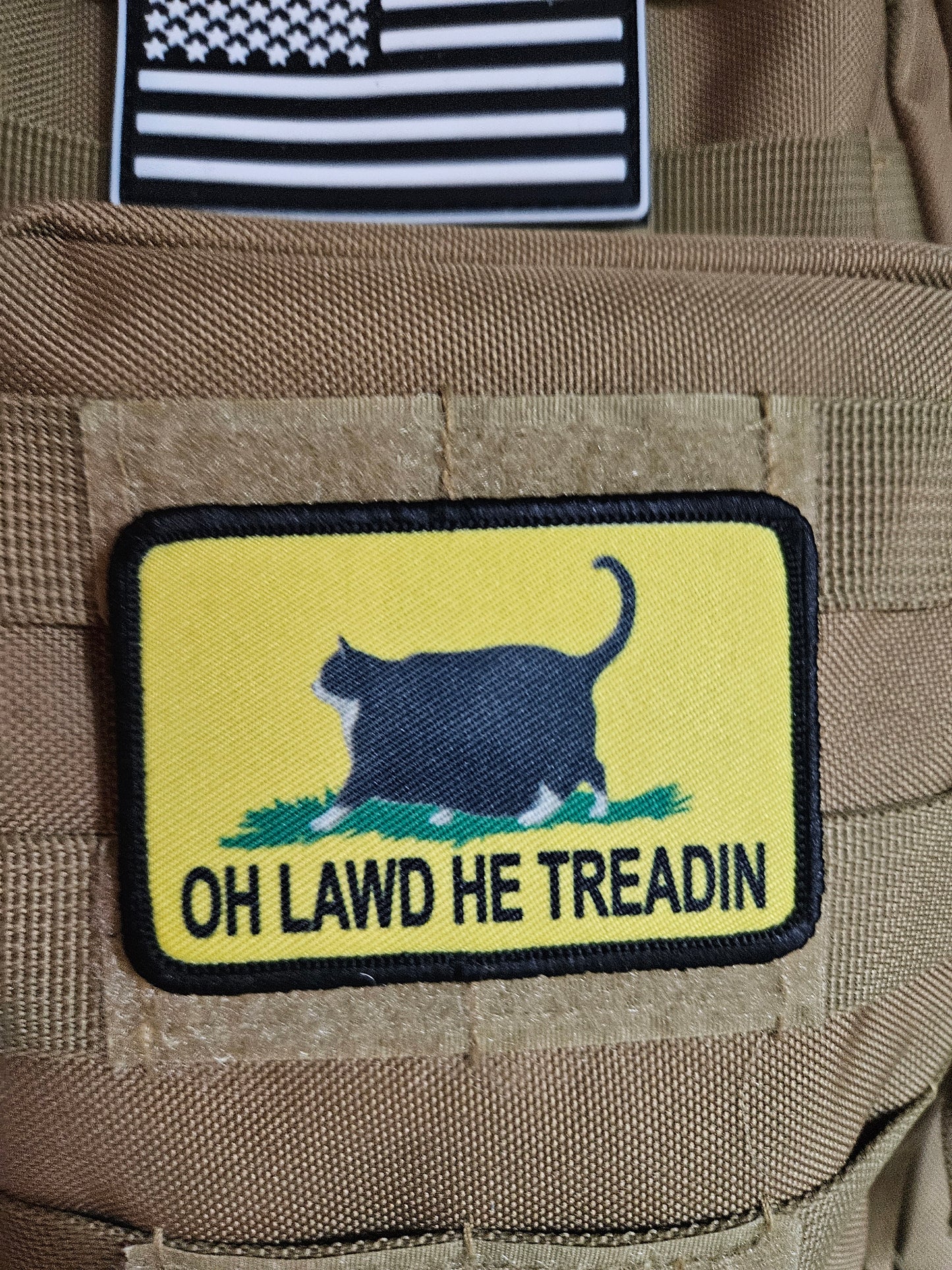 Oh lawd he treadin Gadsden flag tuxedo fat cat meme 2"x3" removable morale patch with hook and loop backing