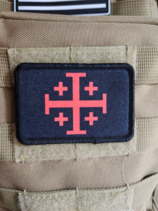 Red Jerusalem Cross  red on black 2"x3" removable morale patch with hook and loop backing
