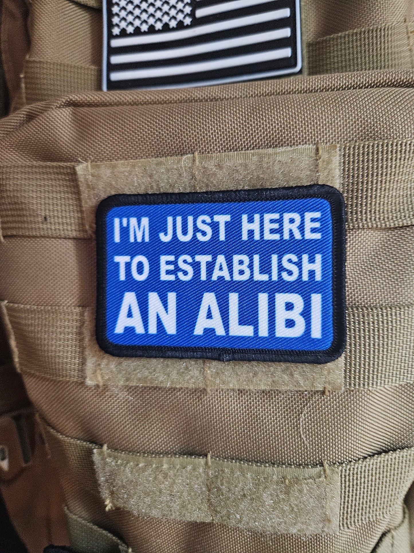 I'm just here to establish an alibi  2"x3"  removable morale patch with hook and loop backing