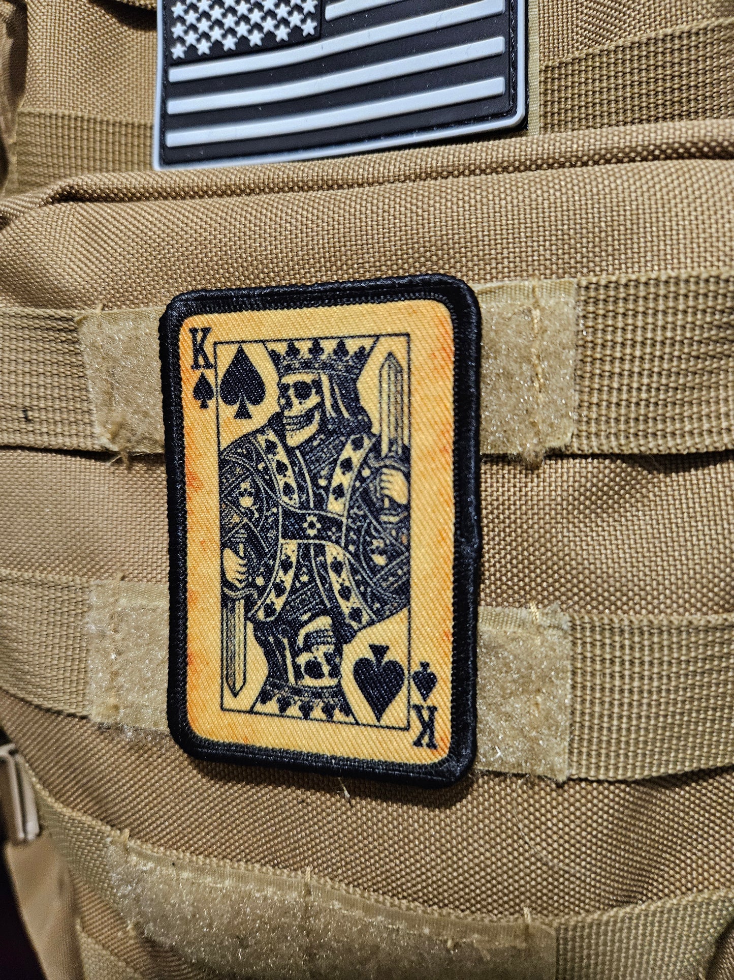 Gothic style skeleton king of spades 2"x3"  removable morale patch with hook and loop backing