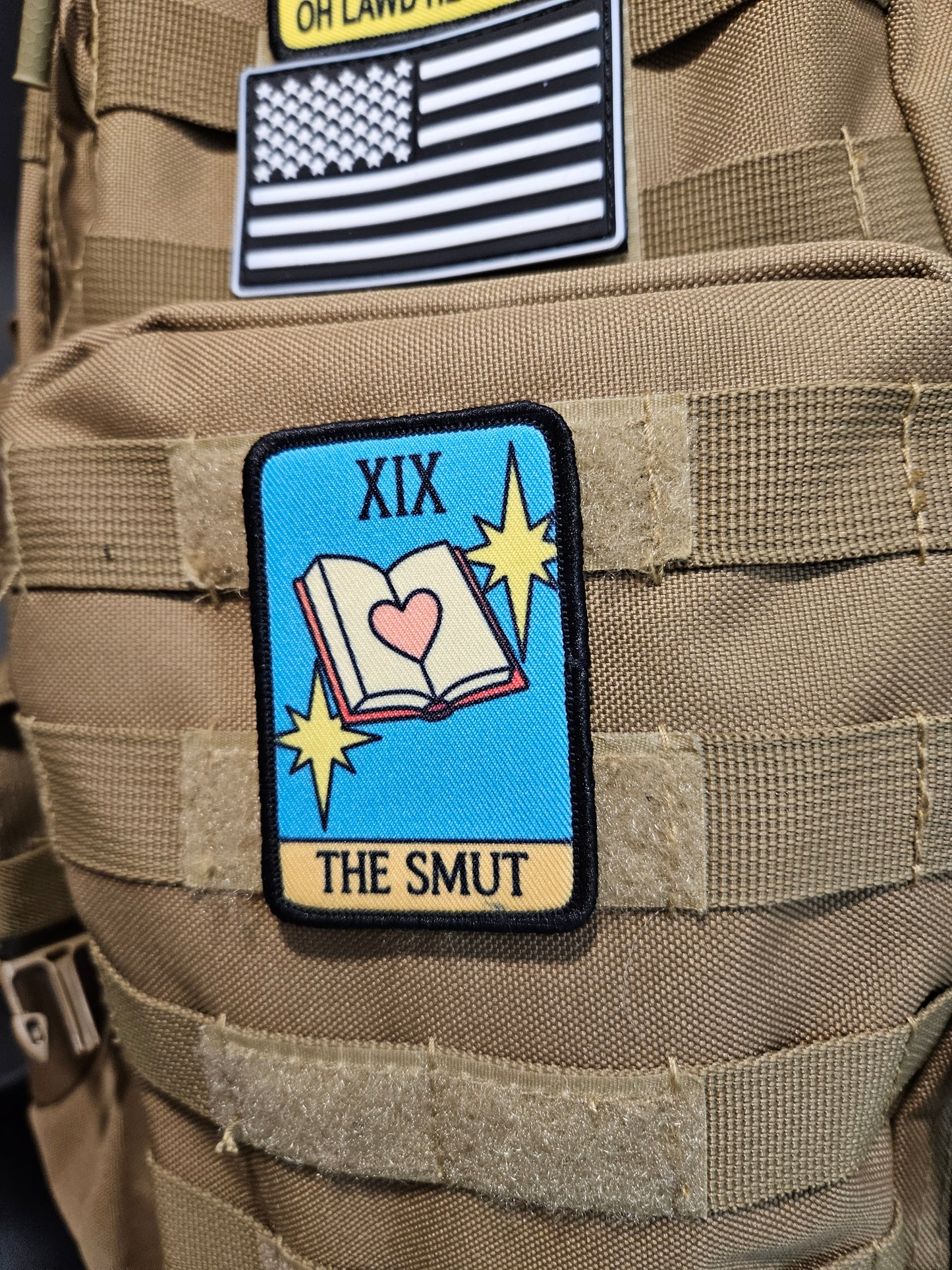 the smut tarot card funny meme 2"x3" morale patch with hook and loop backing spicy books