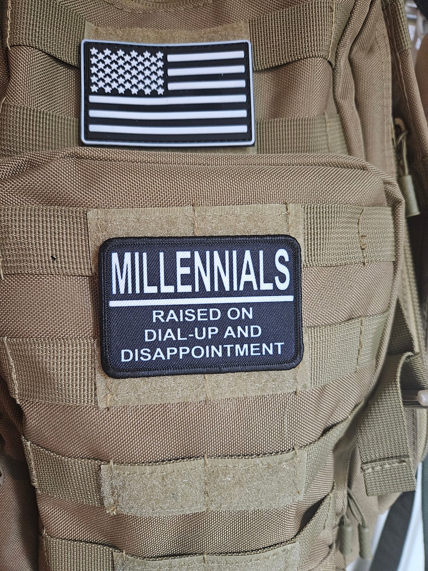 Millennials raised on dial up and disappointment. meme 2"x3" morale patch with hook and loop backing