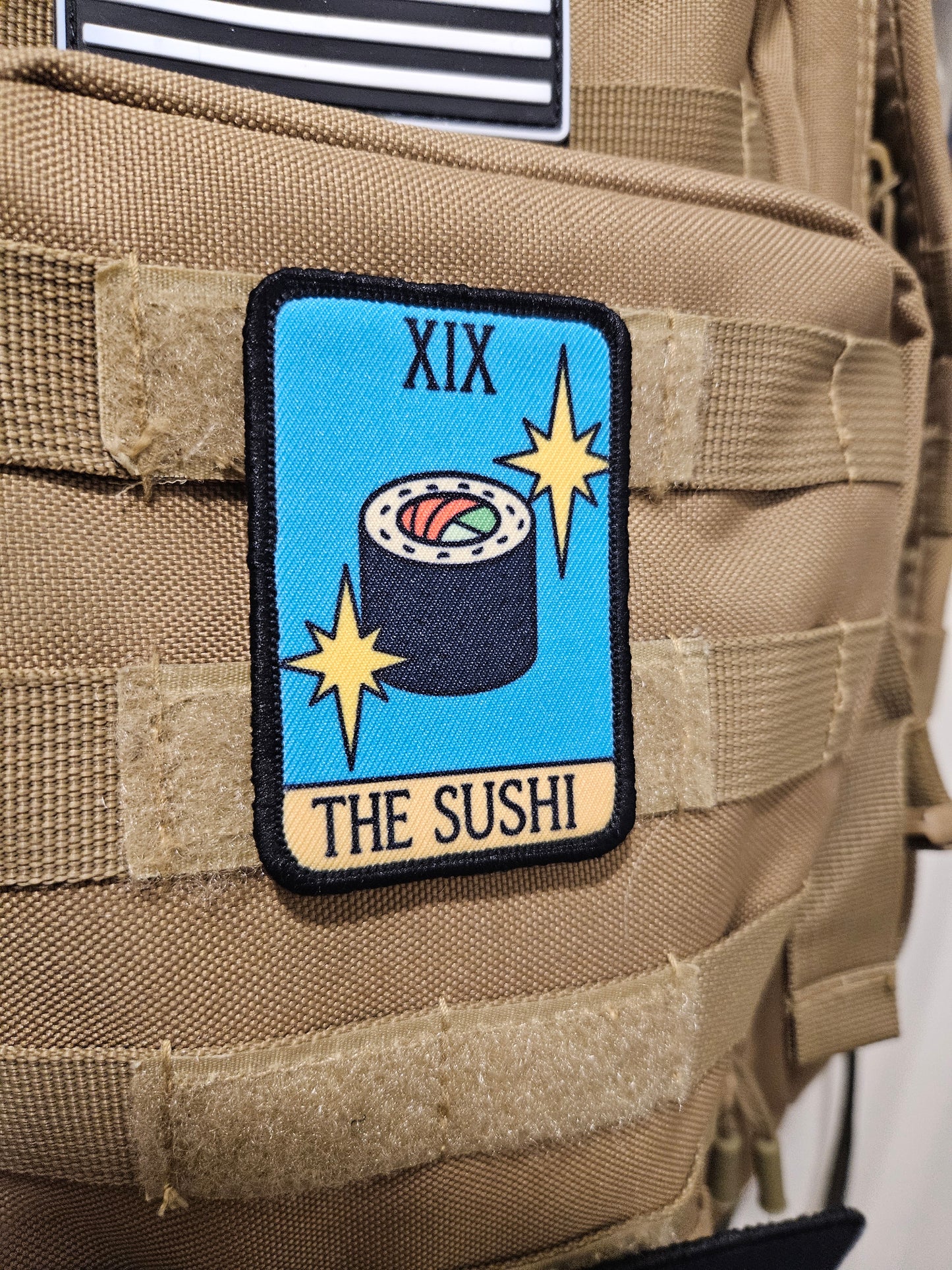 the sushi tarot card funny meme 2"x3" morale patch with hook and loop backing education