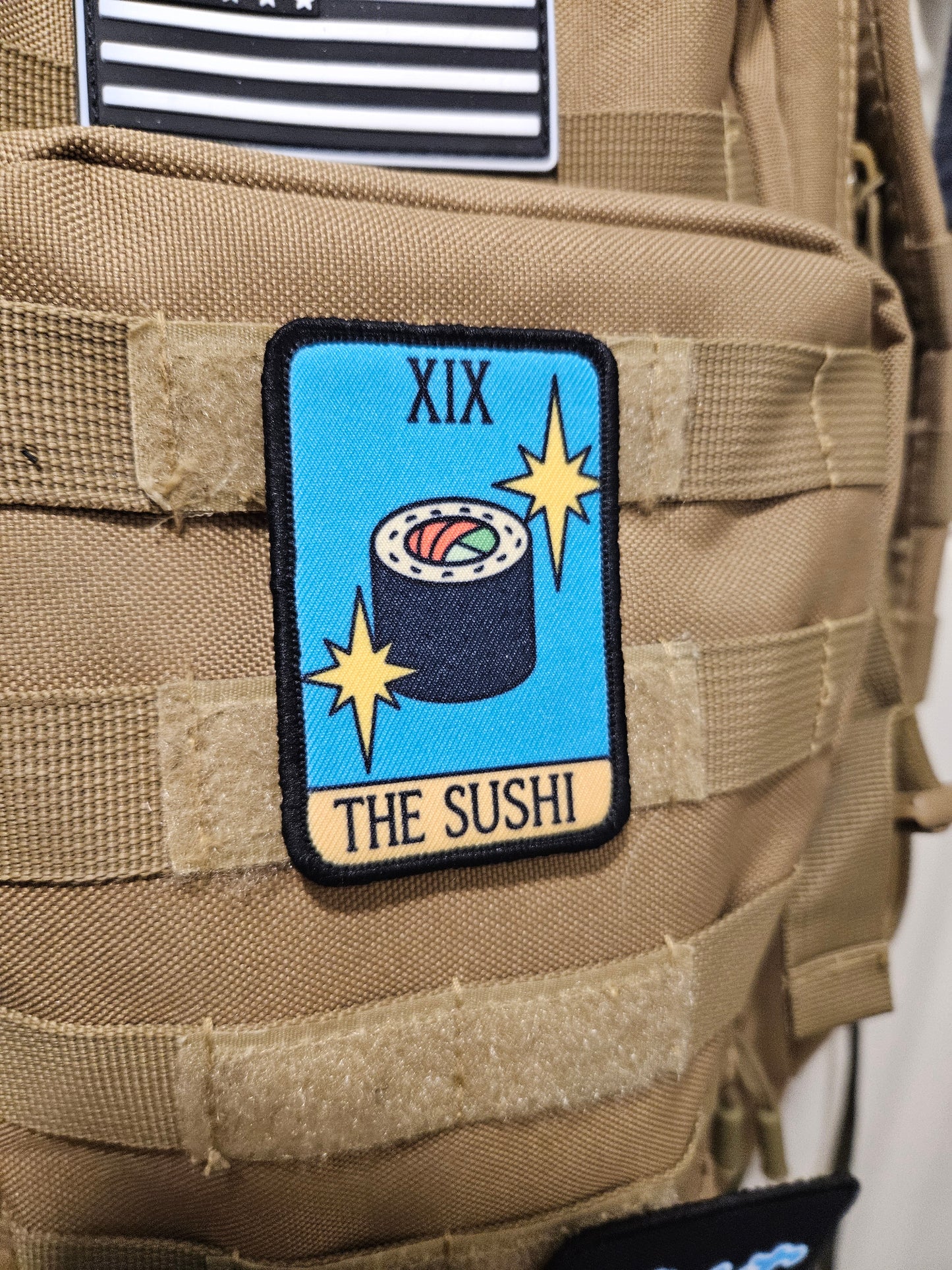 the sushi tarot card funny meme 2"x3" morale patch with hook and loop backing education