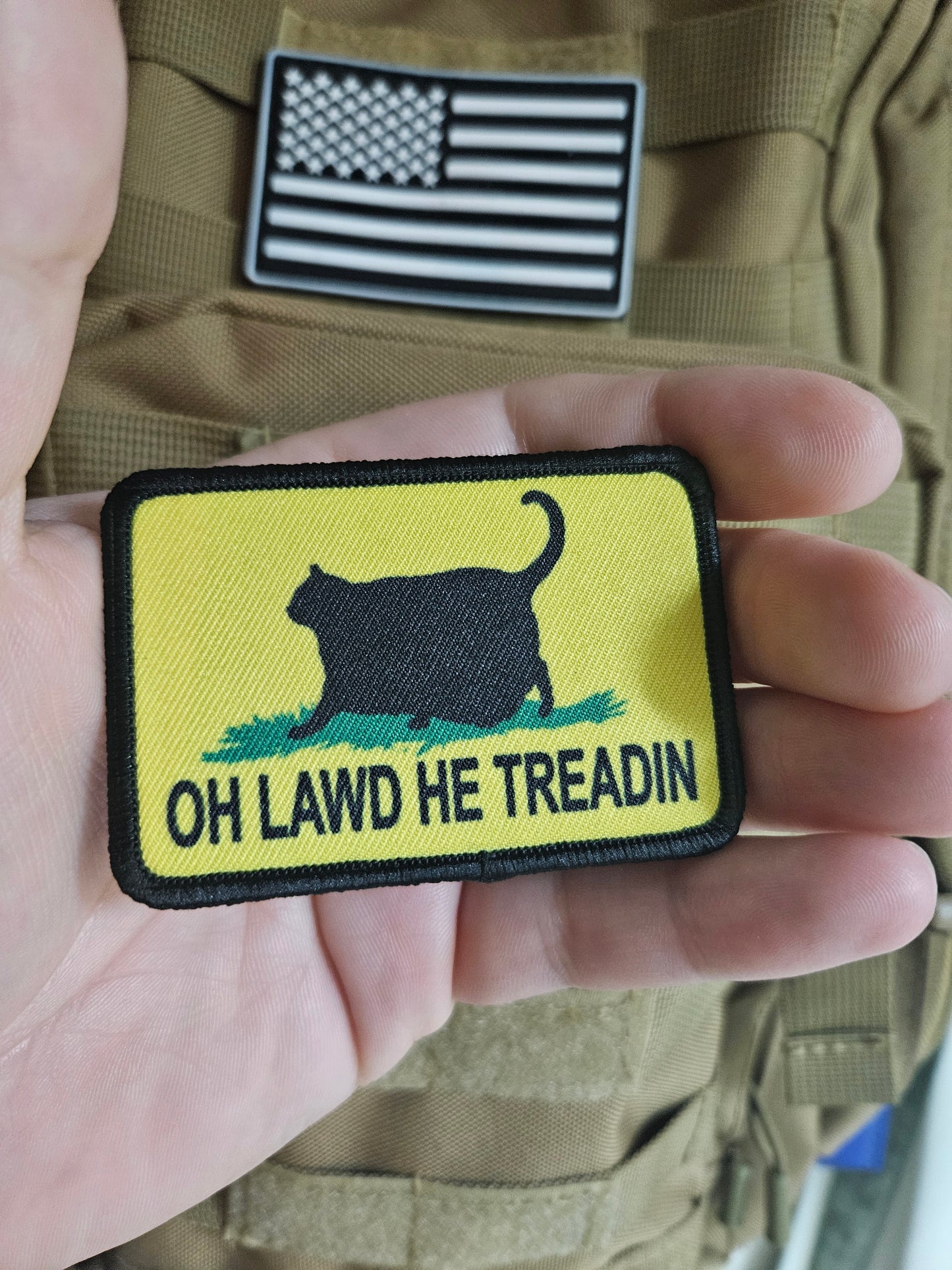Black Oh lawd he treadin Gadsden flag meme 2"x3" removable morale patch with hook and loop backing