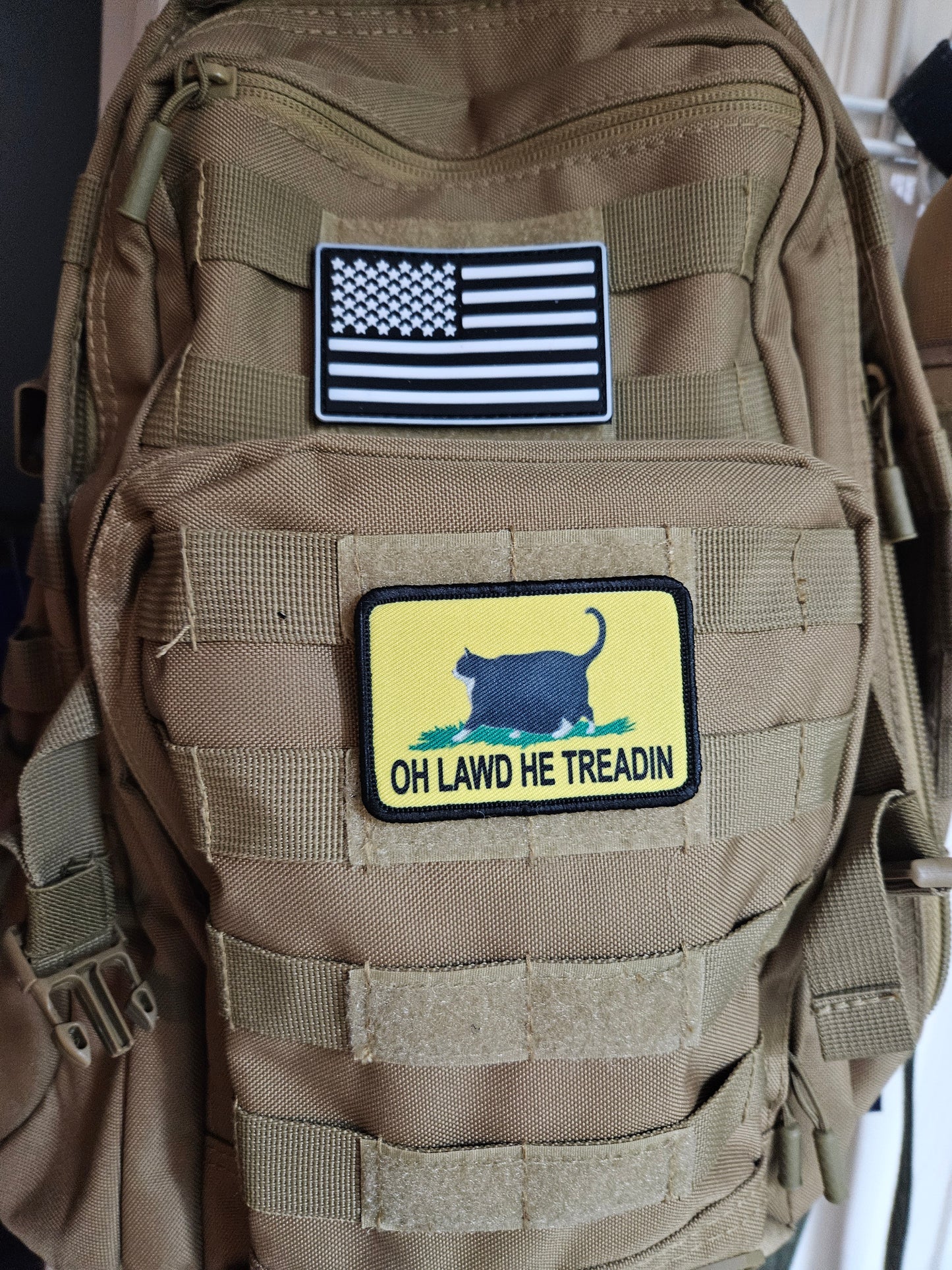 Oh lawd he treadin Gadsden flag tuxedo fat cat meme 2"x3" removable morale patch with hook and loop backing