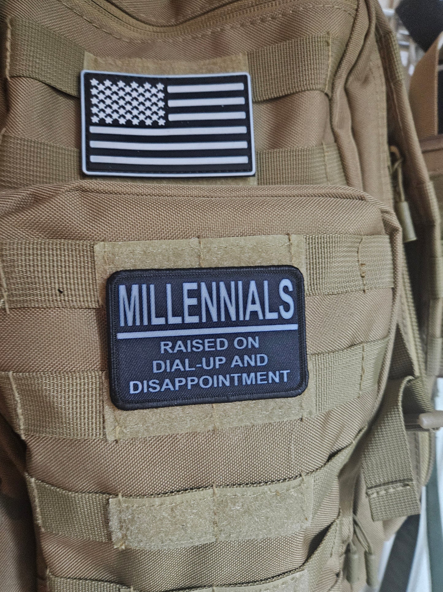 Millennials raised on dial up and disappointment. meme 2"x3" morale patch with hook and loop backing