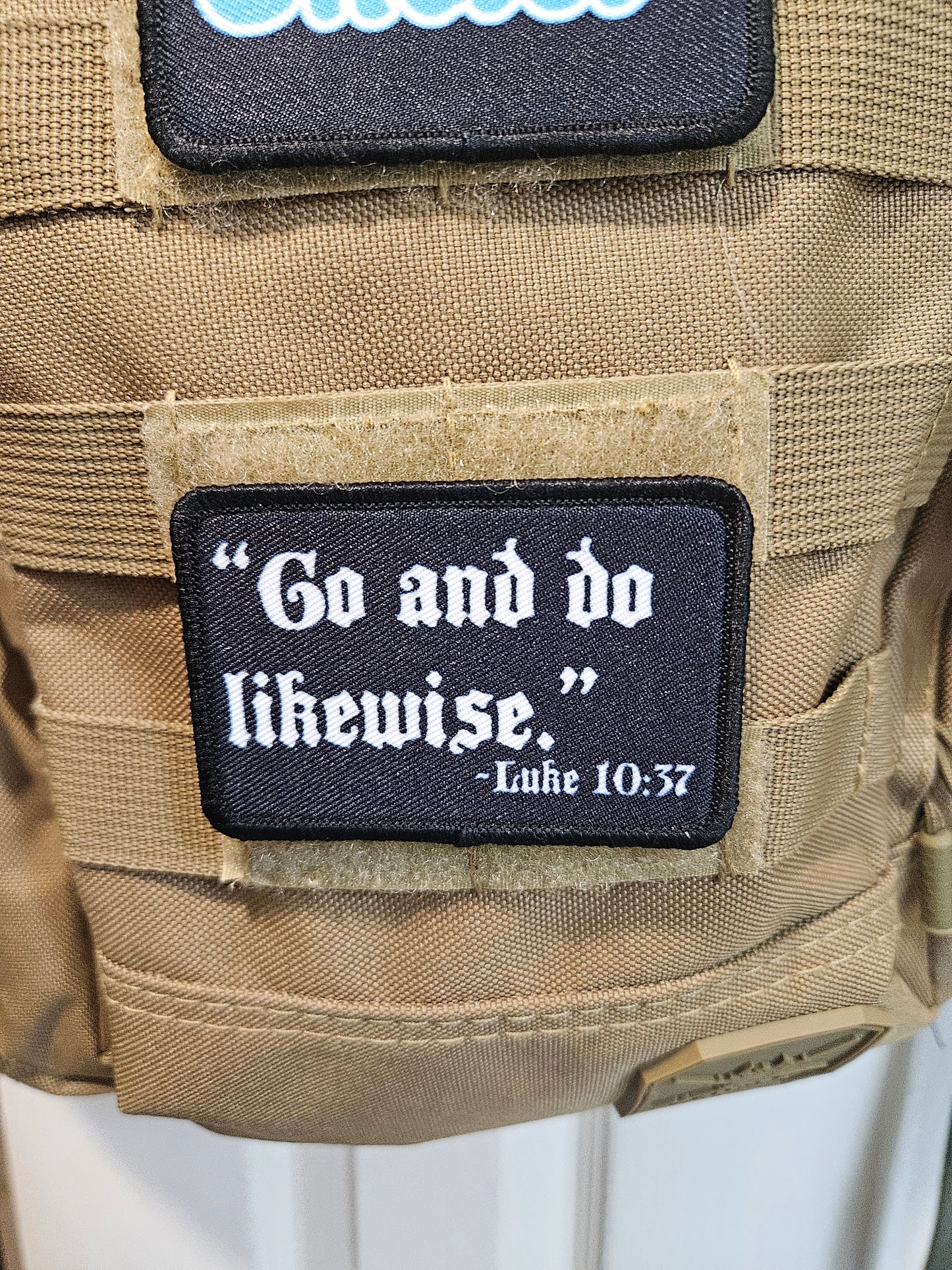 Go and do likewise Luke 10:37 bible verse 2"x3" removable morale patch with hook and loop backing