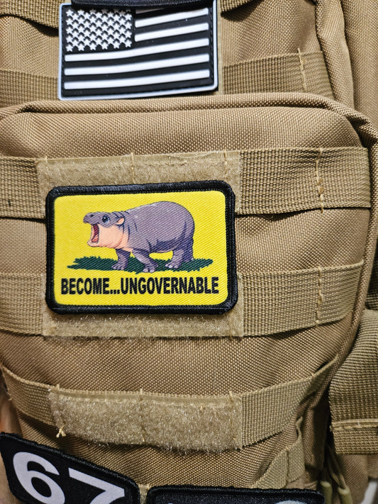 Become ungovernable baby hippo meme 2"x3" morale patch with hook and loop backing full color