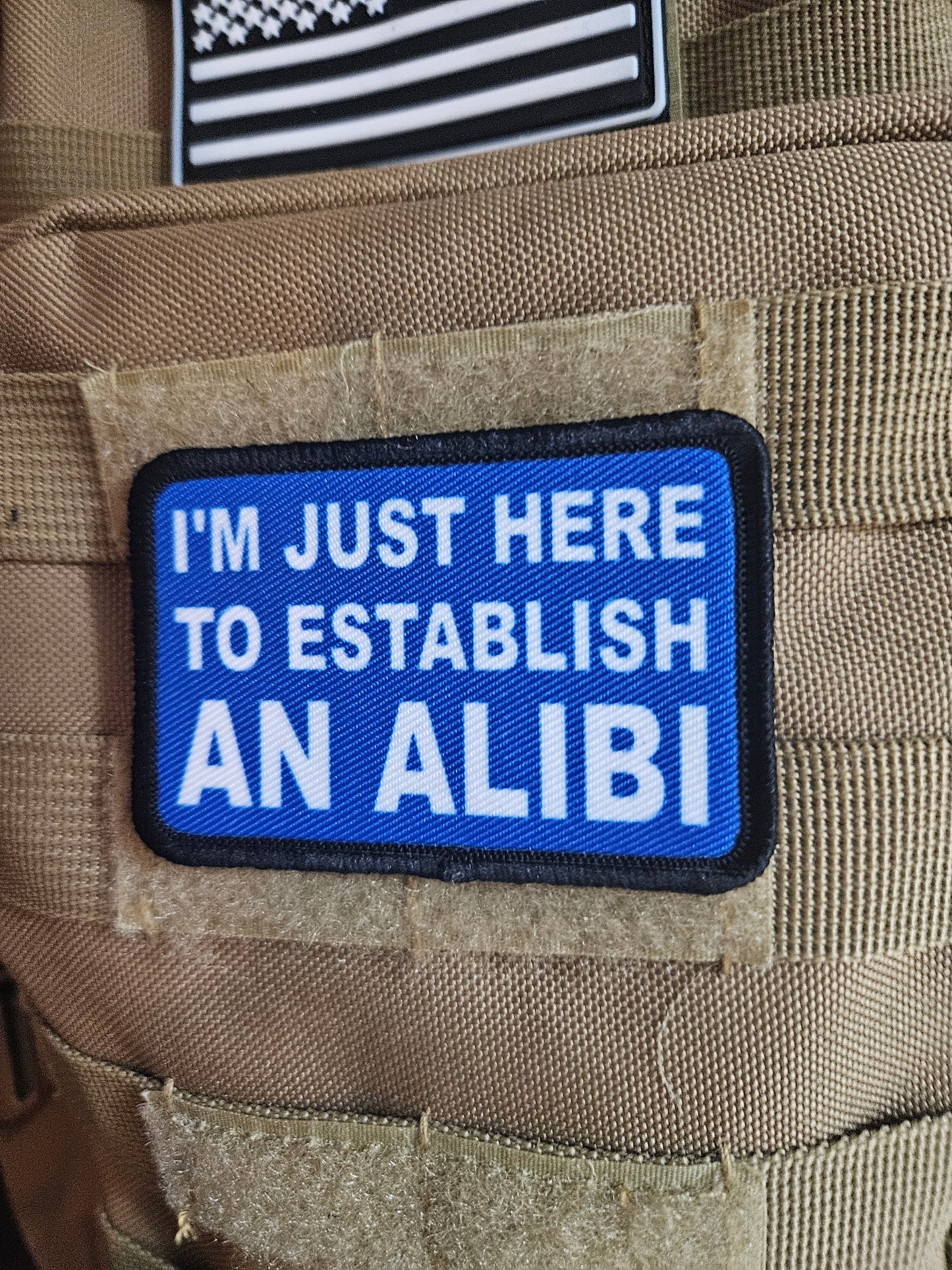I'm just here to establish an alibi  2"x3"  removable morale patch with hook and loop backing