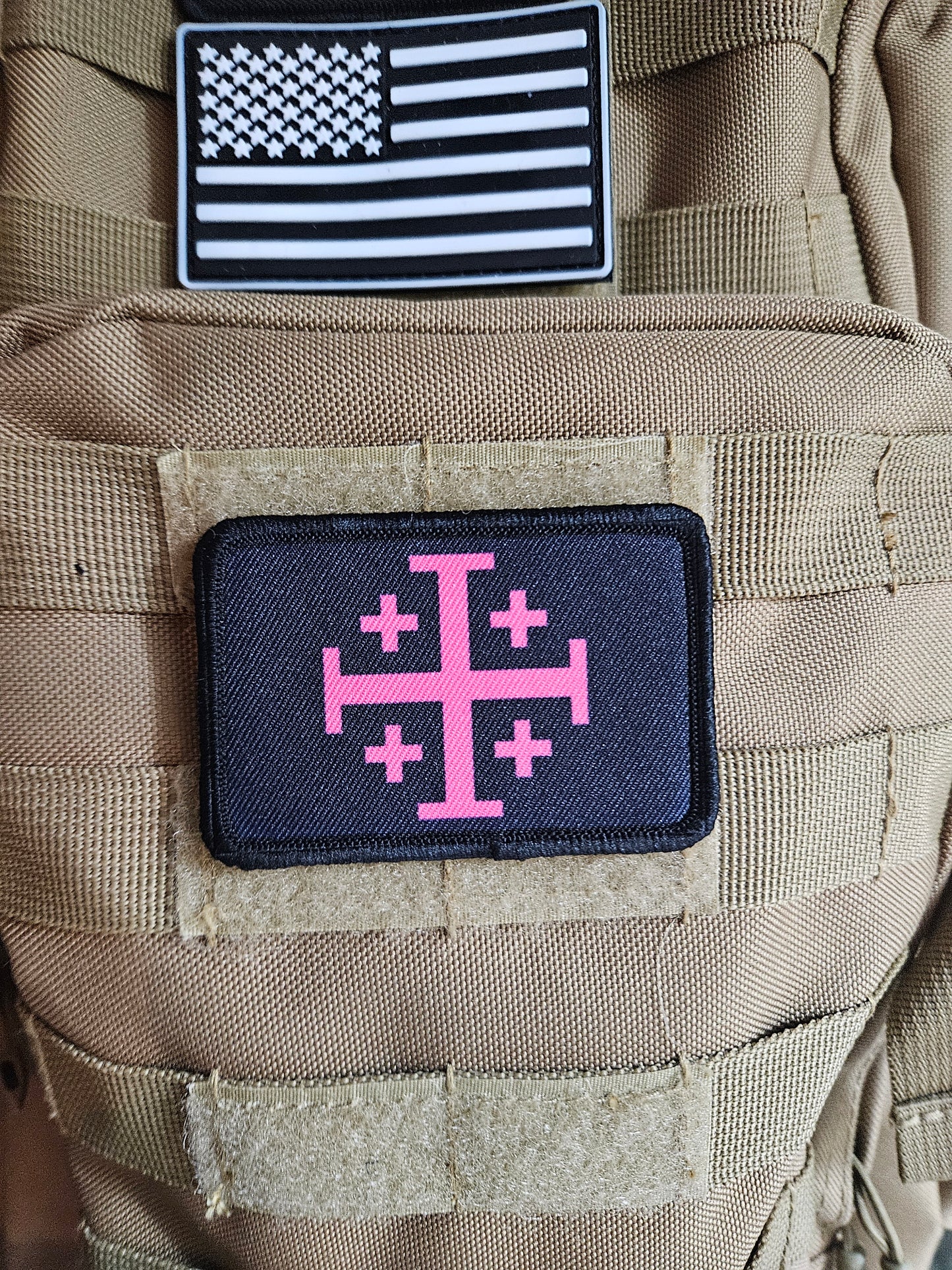 Jerusalem Cross  pink on black 2"x3" removable morale patch with hook and loop backing