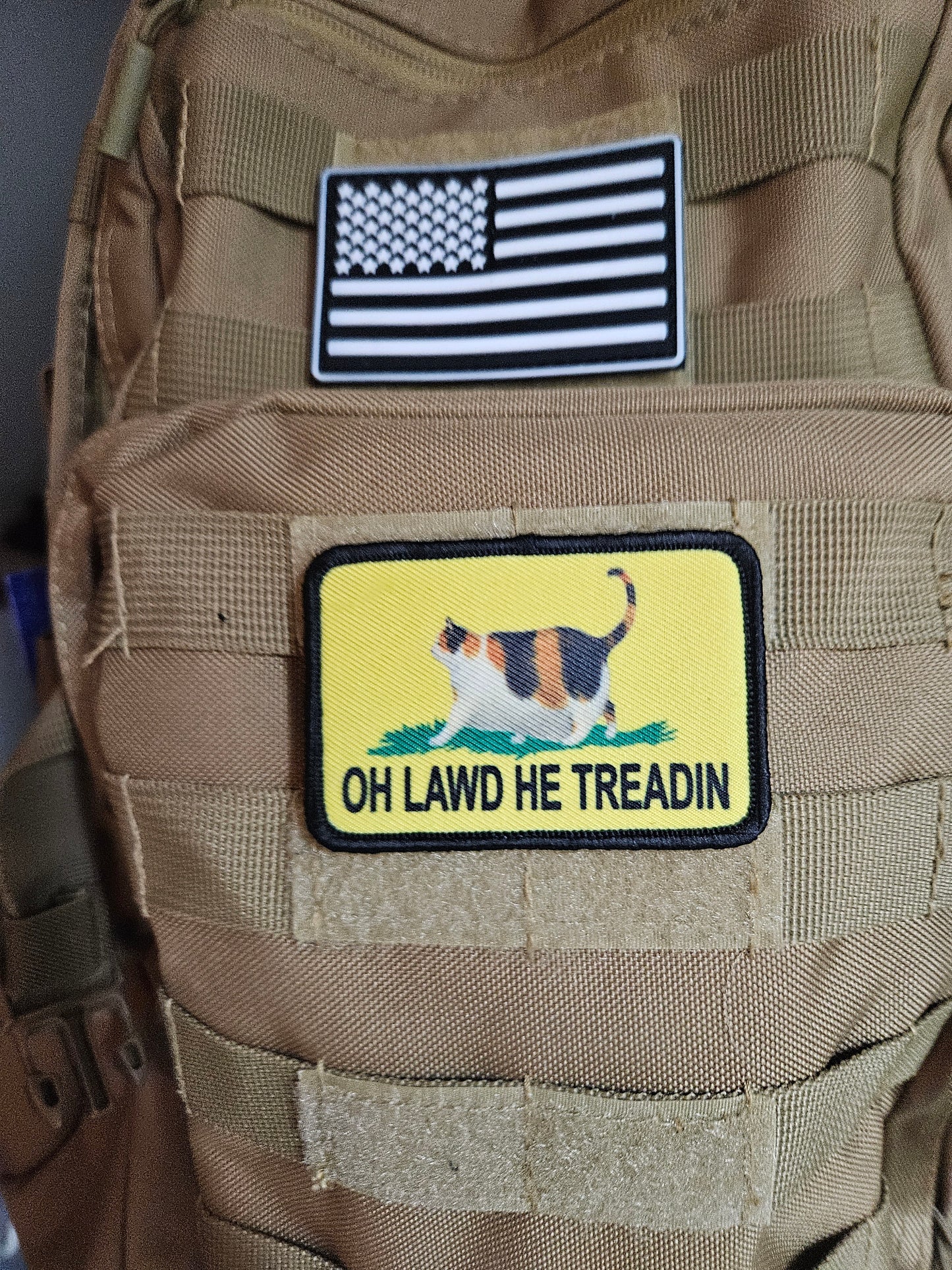 Oh lawd he treadin Gadsden flag calico fat cat meme 2"x3" removable morale patch with hook and loop backing