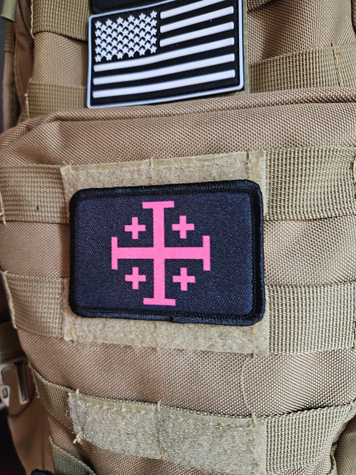 Jerusalem Cross  pink on black 2"x3" removable morale patch with hook and loop backing