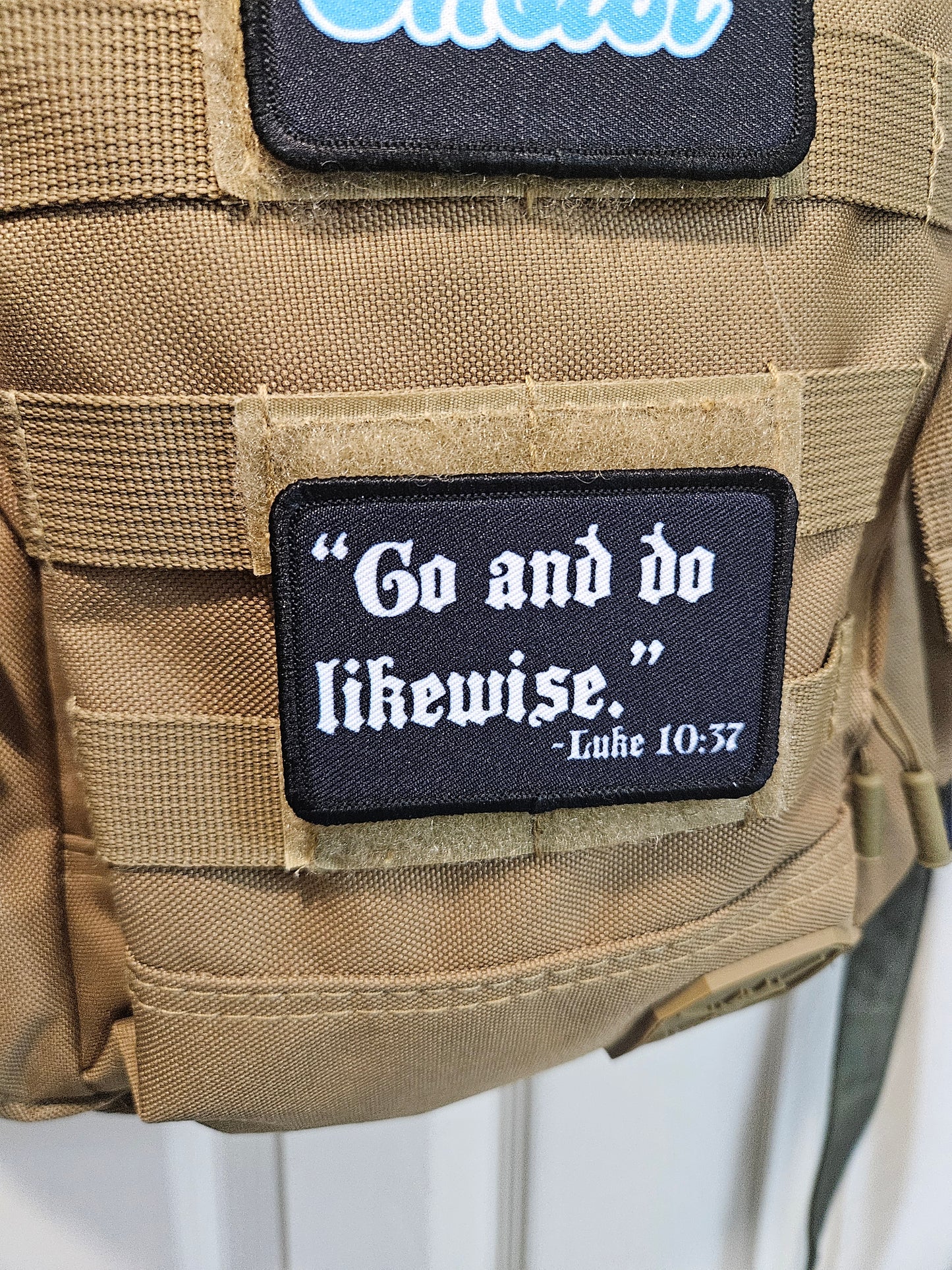 Go and do likewise Luke 10:37 bible verse 2"x3" removable morale patch with hook and loop backing