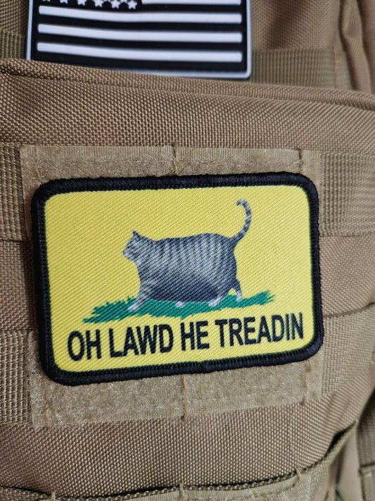 Oh lawd he treadin Gadsden flag gray tabby fat cat meme 2"x3" removable morale patch with hook and loop backing