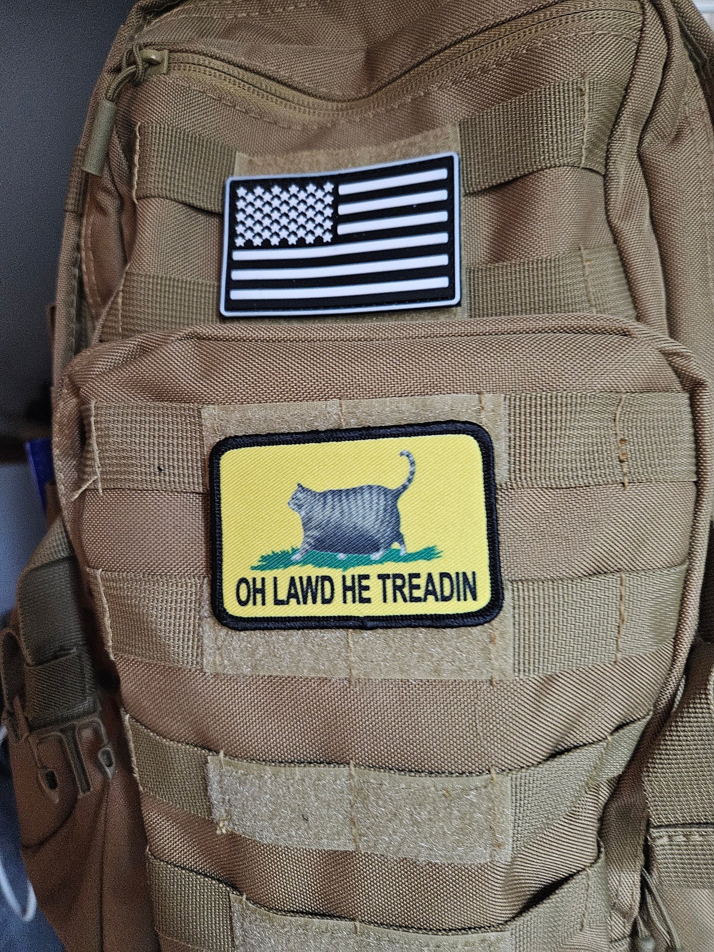 Oh lawd he treadin Gadsden flag gray tabby fat cat meme 2"x3" removable morale patch with hook and loop backing