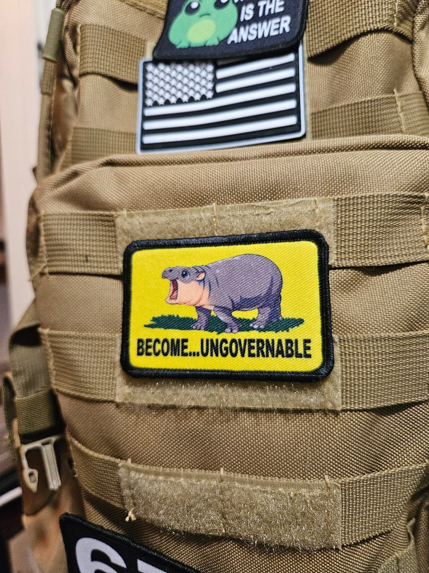 Become ungovernable baby hippo meme 2"x3" morale patch with hook and loop backing full color
