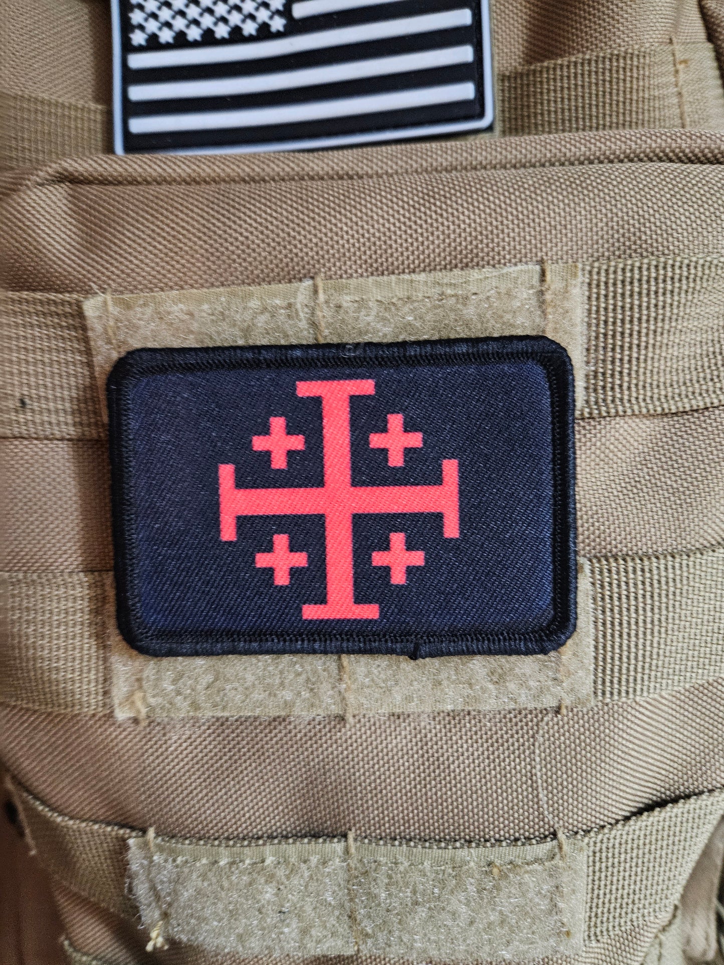 Red Jerusalem Cross  red on black 2"x3" removable morale patch with hook and loop backing