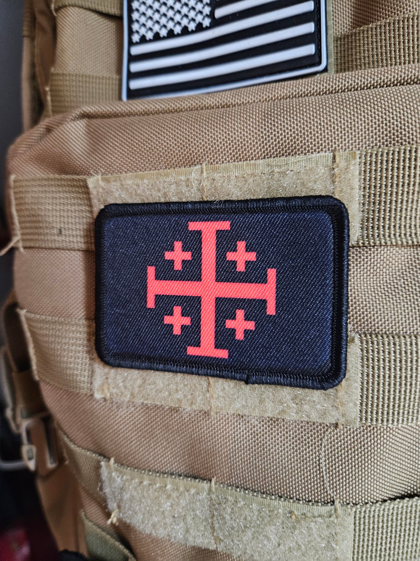 Red Jerusalem Cross  red on black 2"x3" removable morale patch with hook and loop backing
