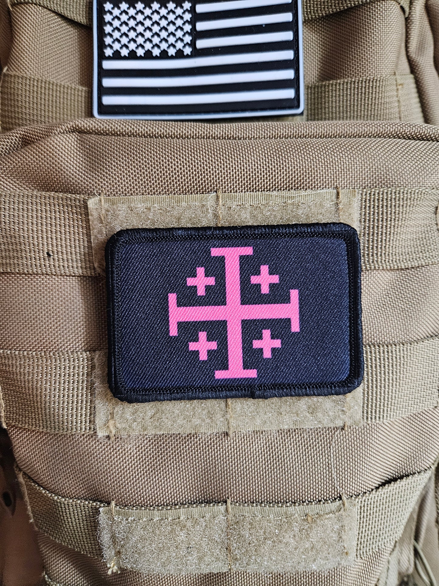 Jerusalem Cross  pink on black 2"x3" removable morale patch with hook and loop backing