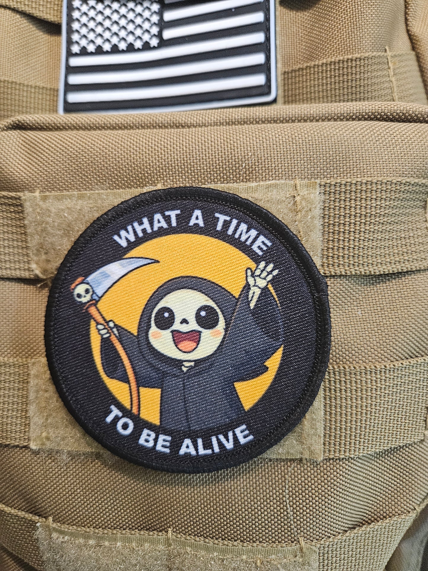 What a time to be alive grim reaper meme 3" circle removable morale patch with hook and loop backing