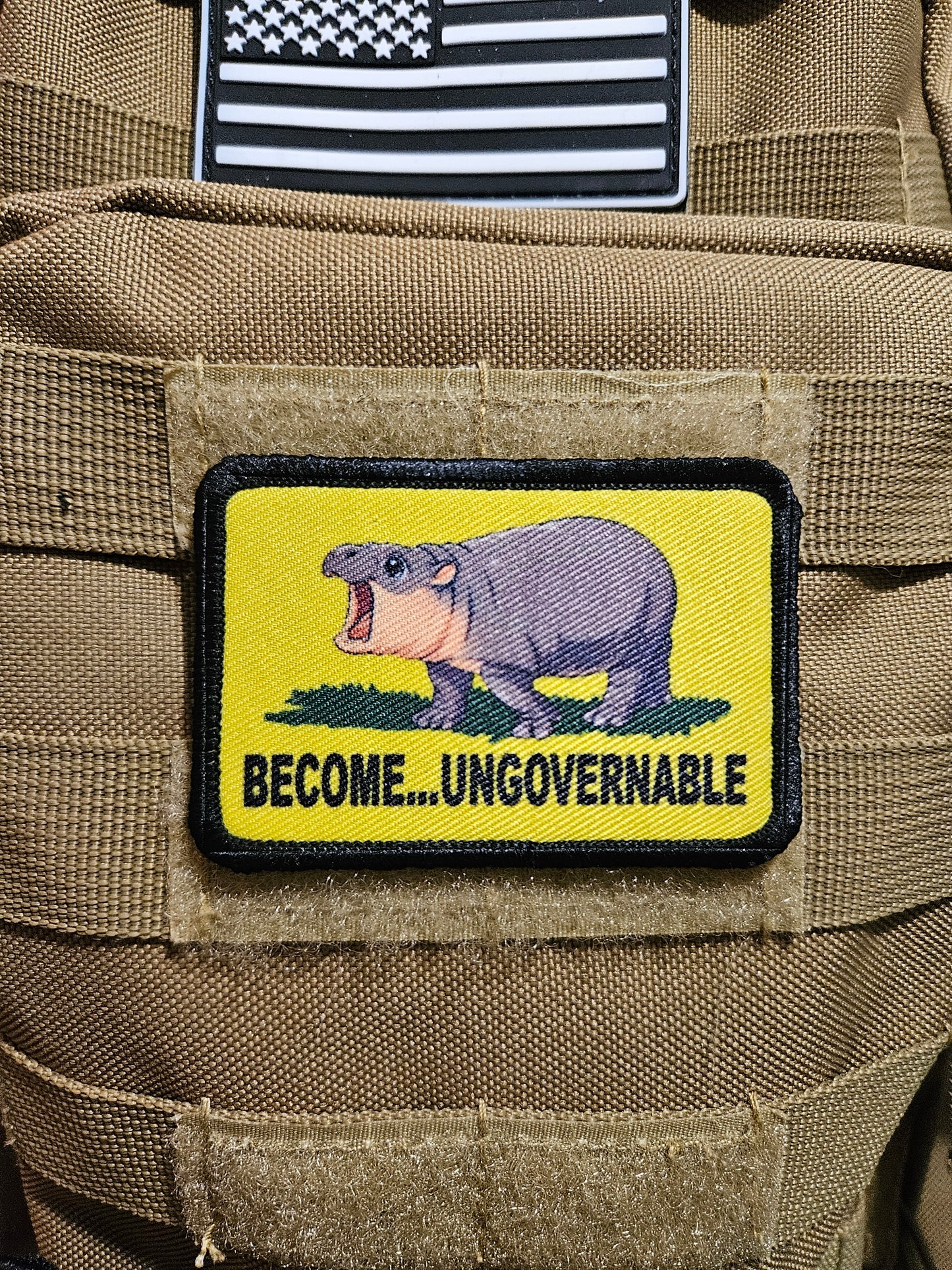 Become ungovernable baby hippo meme 2"x3" morale patch with hook and loop backing full color