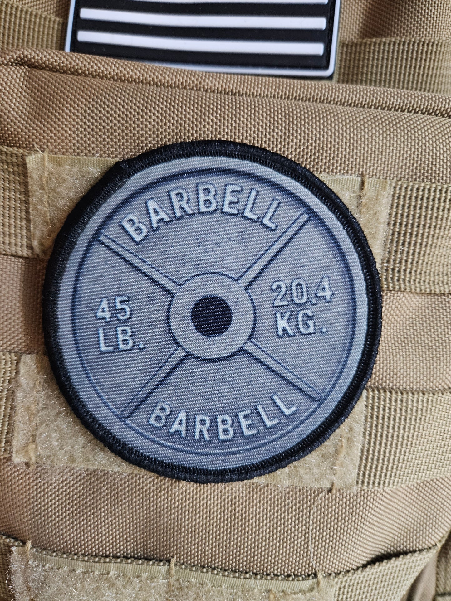 45 pound barbell plate fitness 3" circle morale patch with hook and loop backing