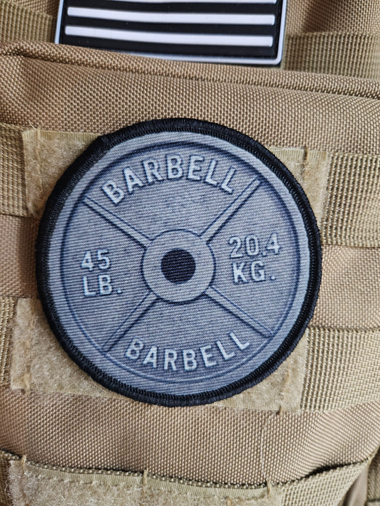 45 pound barbell plate fitness 3" circle morale patch with hook and loop backing
