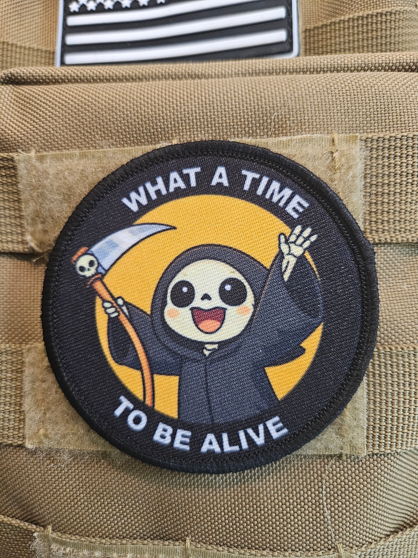 What a time to be alive grim reaper meme 3" circle removable morale patch with hook and loop backing
