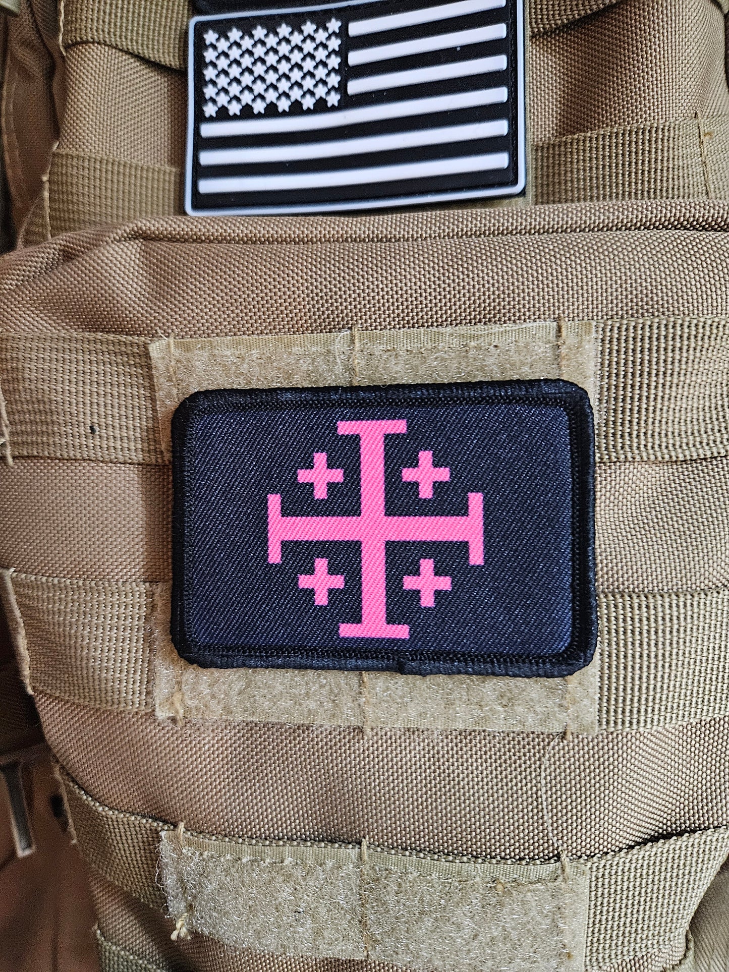 Jerusalem Cross  pink on black 2"x3" removable morale patch with hook and loop backing