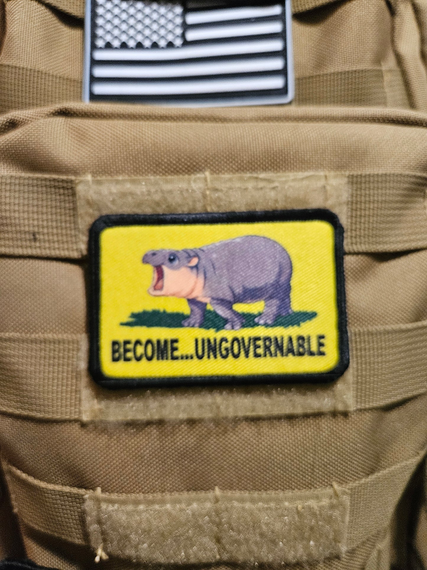 Become ungovernable baby hippo meme 2"x3" morale patch with hook and loop backing full color