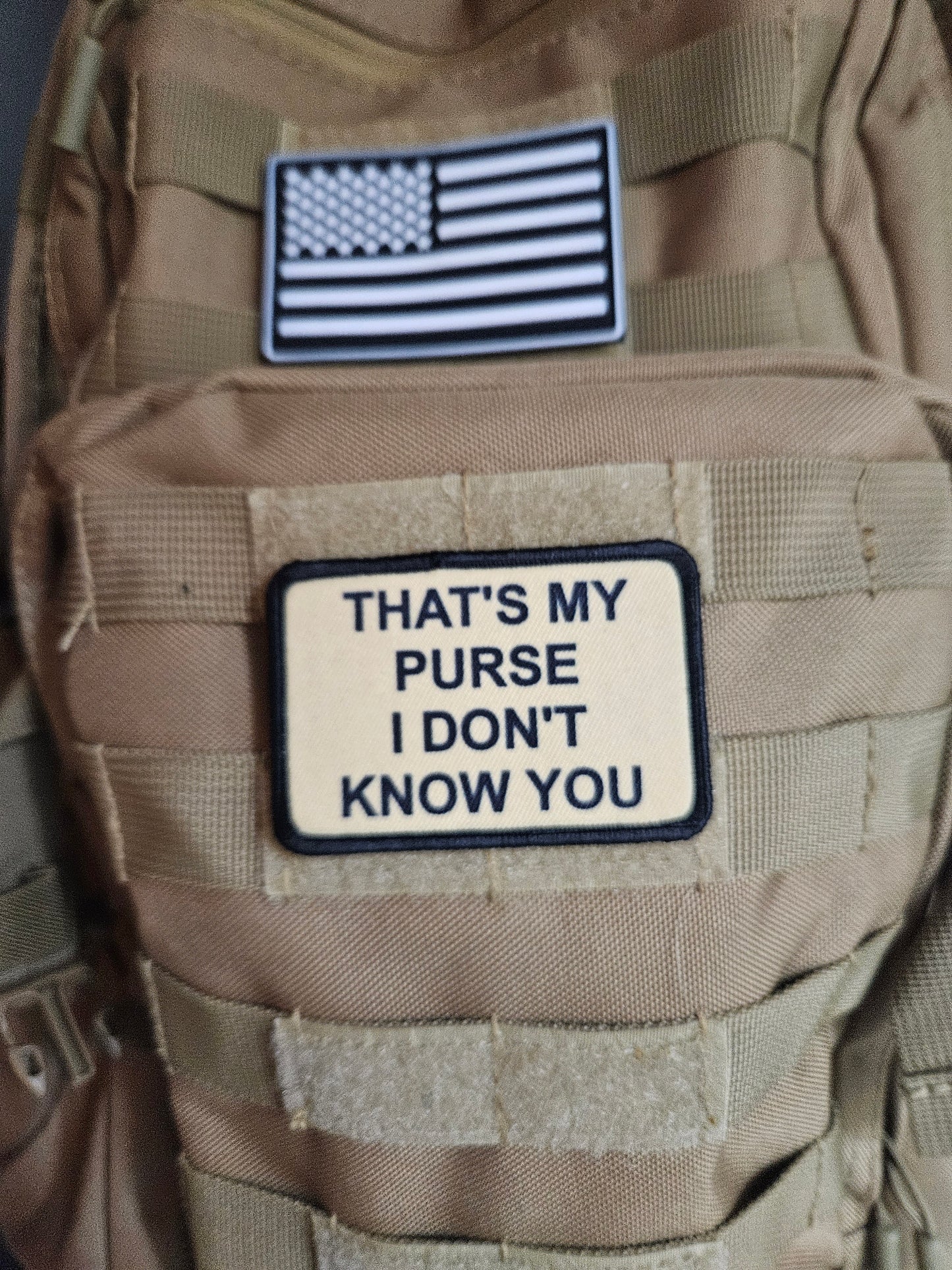 that's My Purse I don't Know you meme lol 2"x3" morale patch with hook and loop backing tan