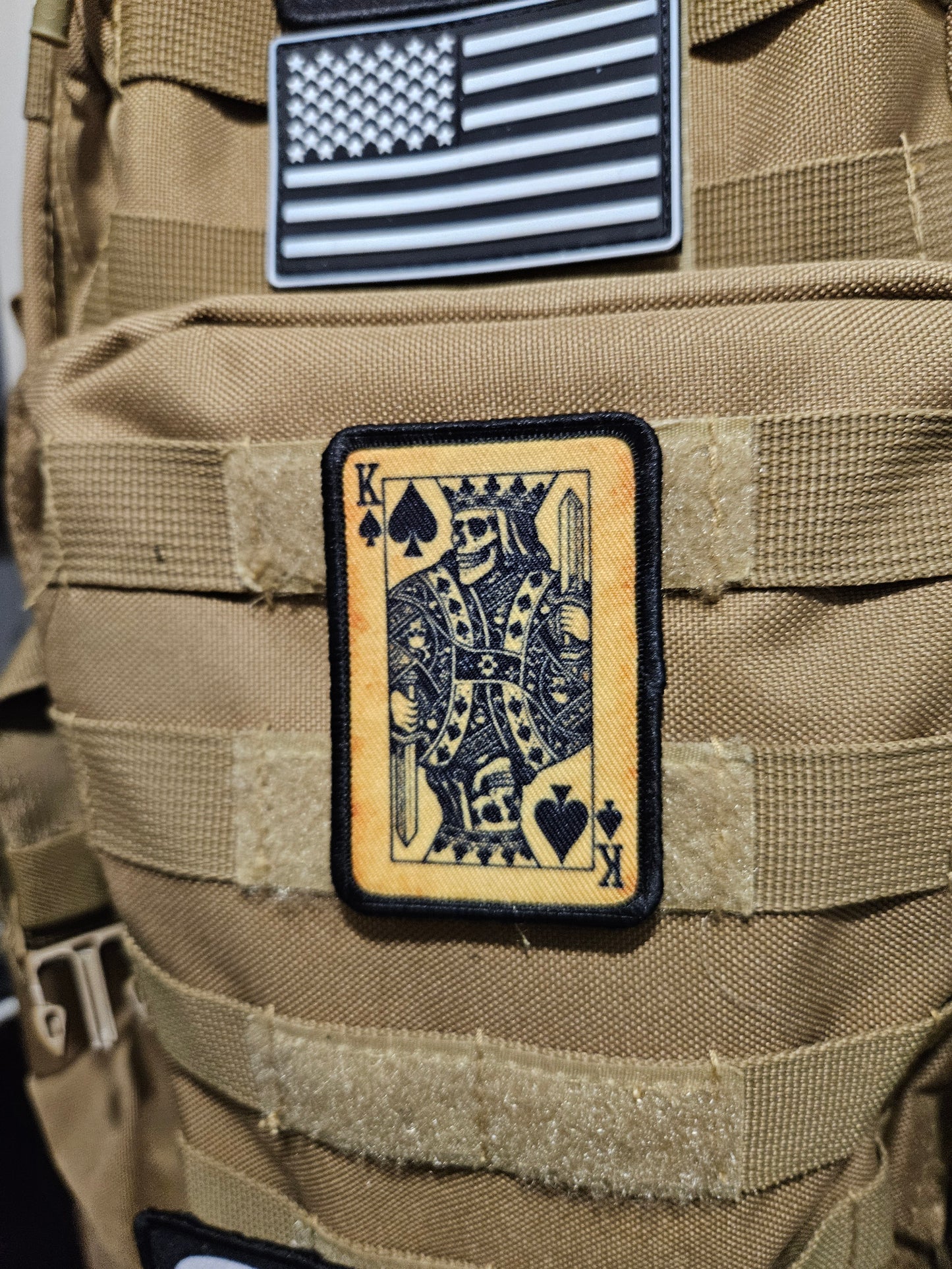 Gothic style skeleton king of spades 2"x3"  removable morale patch with hook and loop backing