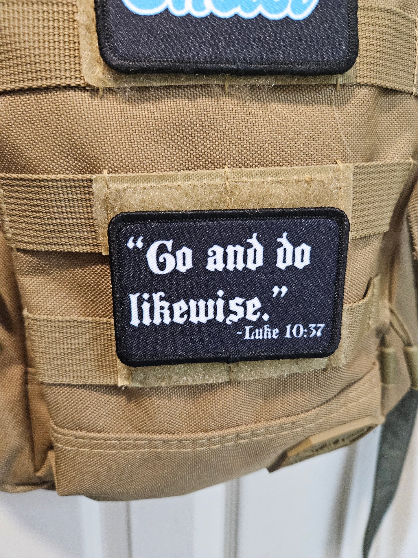 Go and do likewise Luke 10:37 bible verse 2"x3" removable morale patch with hook and loop backing