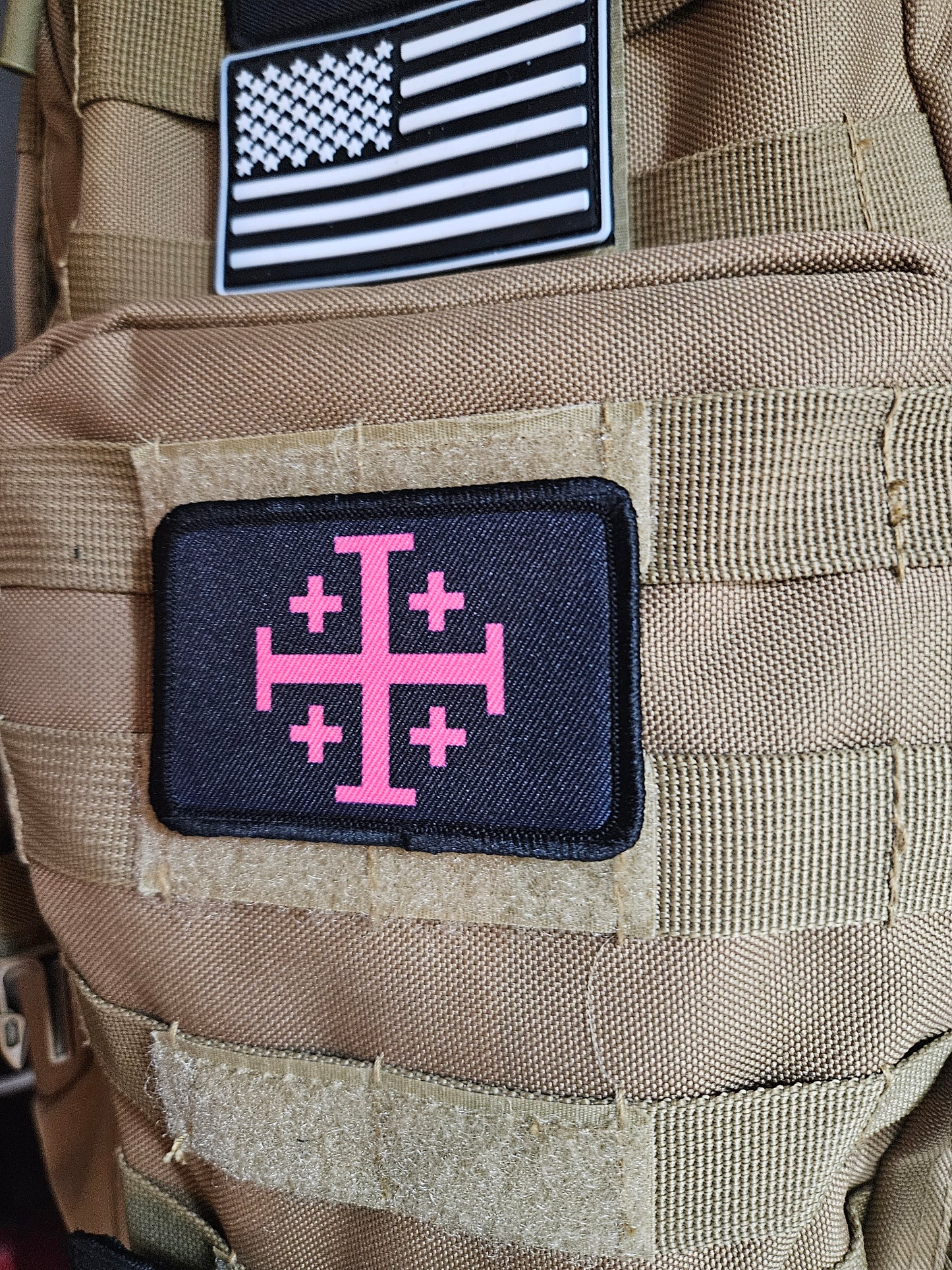 Jerusalem Cross  pink on black 2"x3" removable morale patch with hook and loop backing