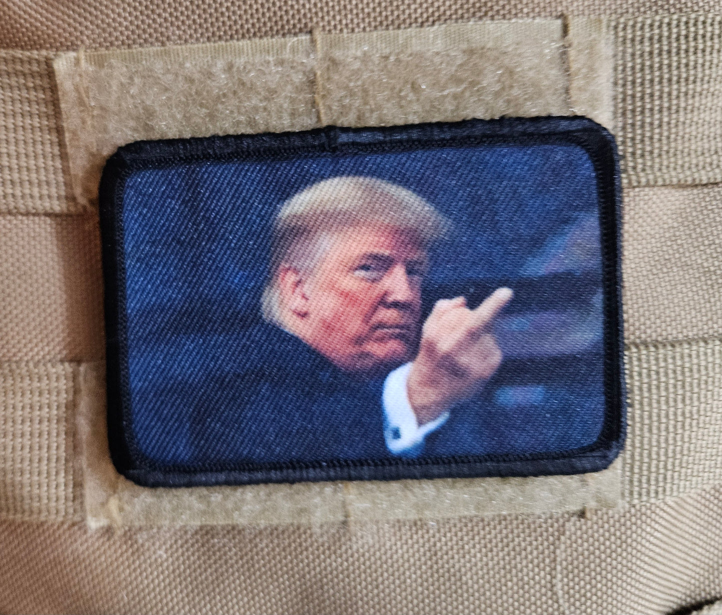 Trump flipping the bird 2"x3"  removable morale patch with hook and loop backing