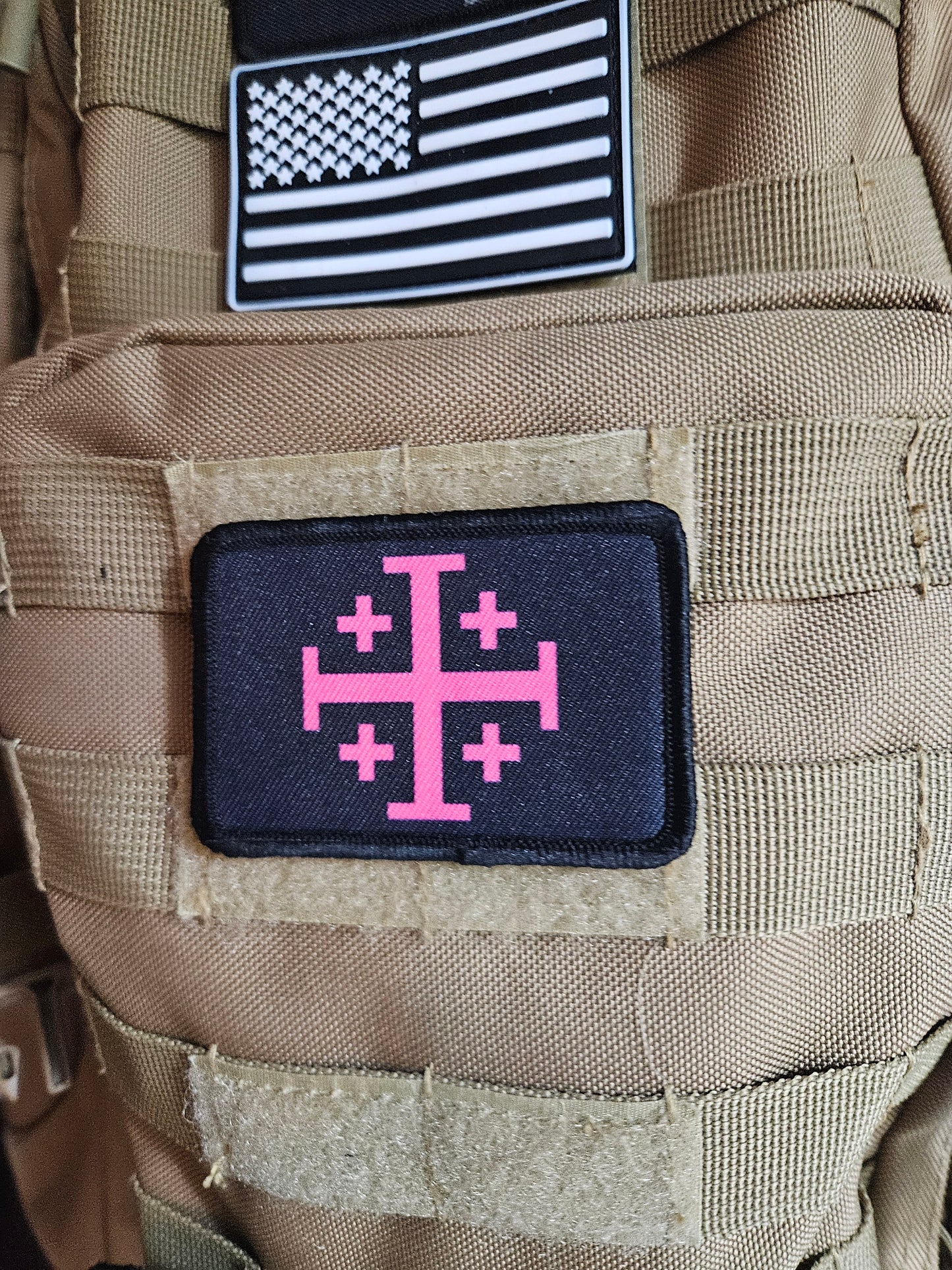 Jerusalem Cross  pink on black 2"x3" removable morale patch with hook and loop backing