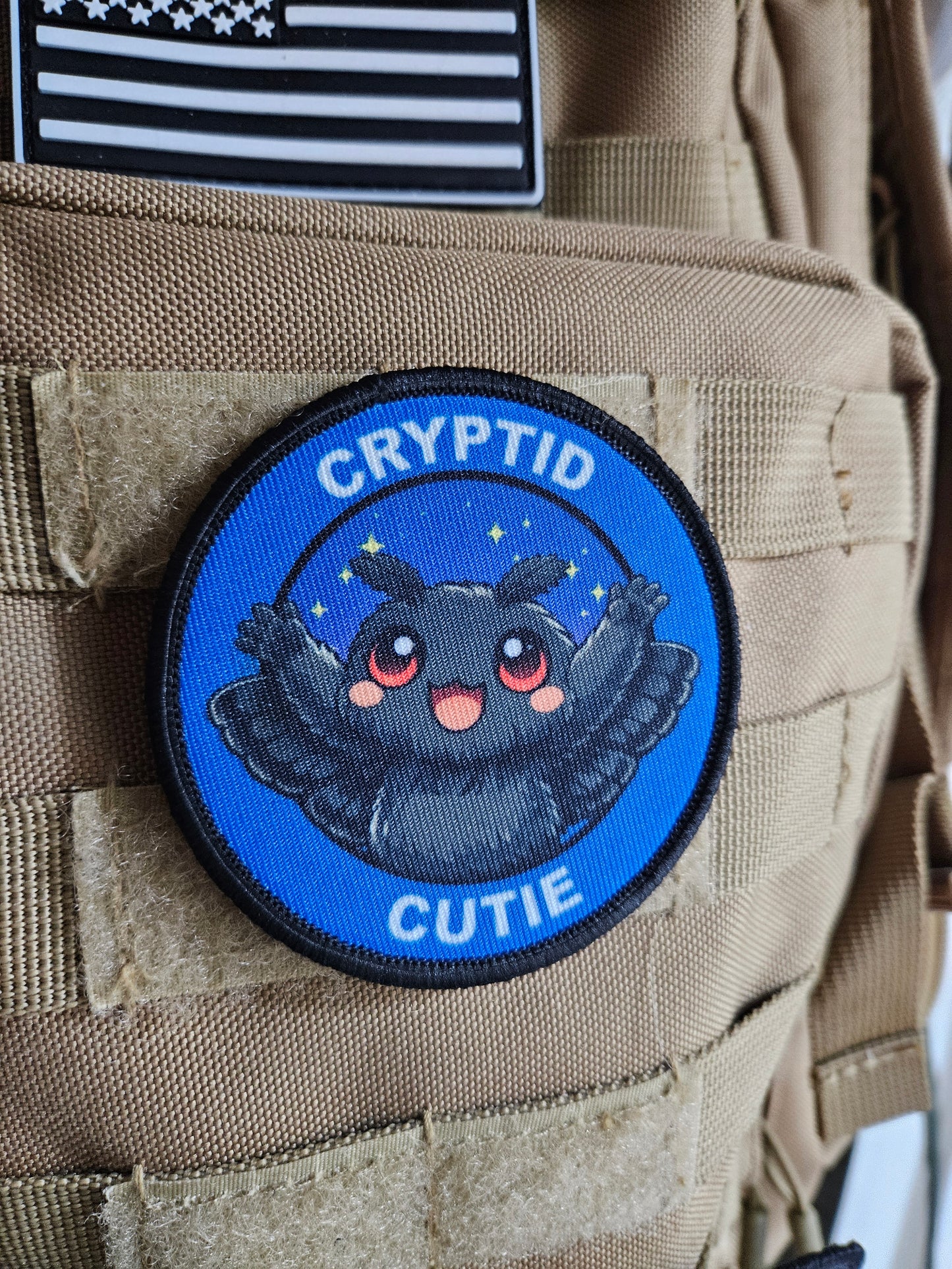 Cryptid cutie mothman meme 3" circle removable morale patch with hook and loop backing