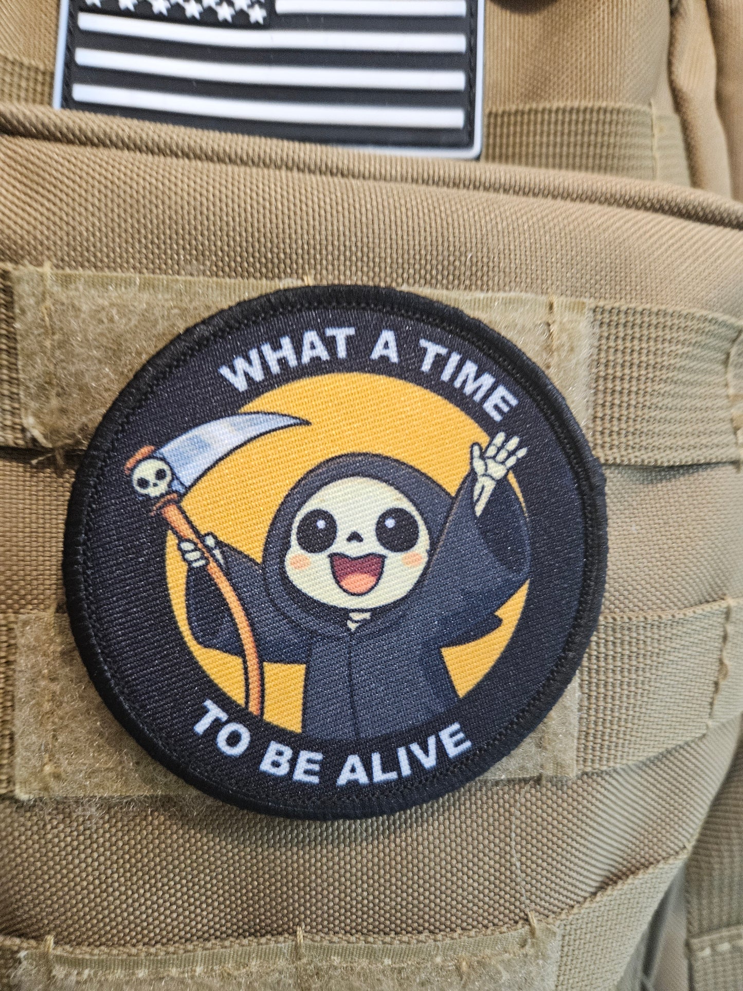 What a time to be alive grim reaper meme 3" circle removable morale patch with hook and loop backing