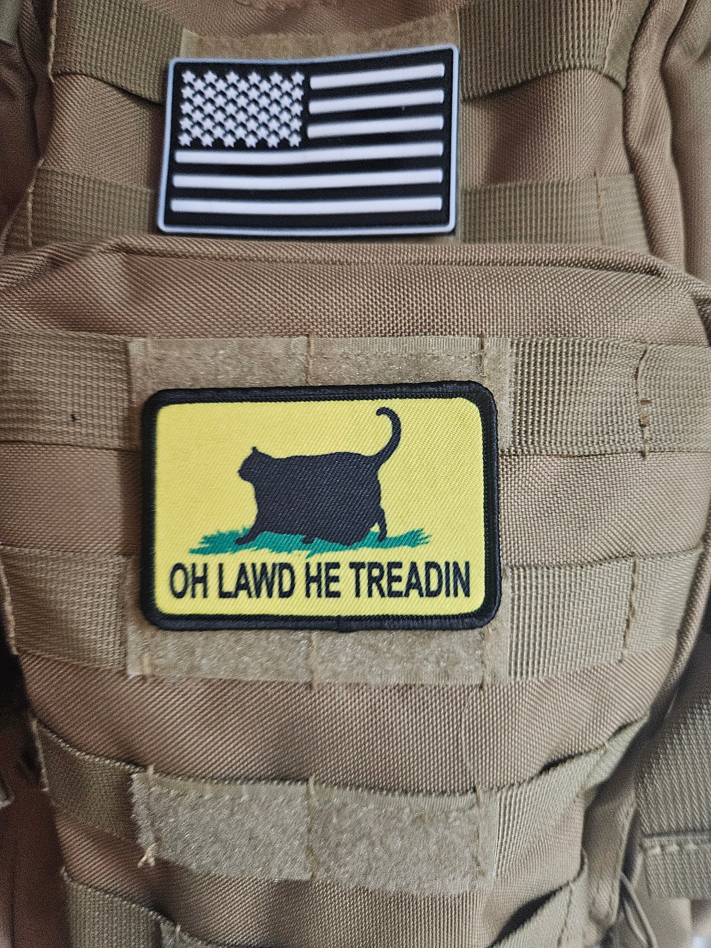 Black Oh lawd he treadin Gadsden flag meme 2"x3" removable morale patch with hook and loop backing