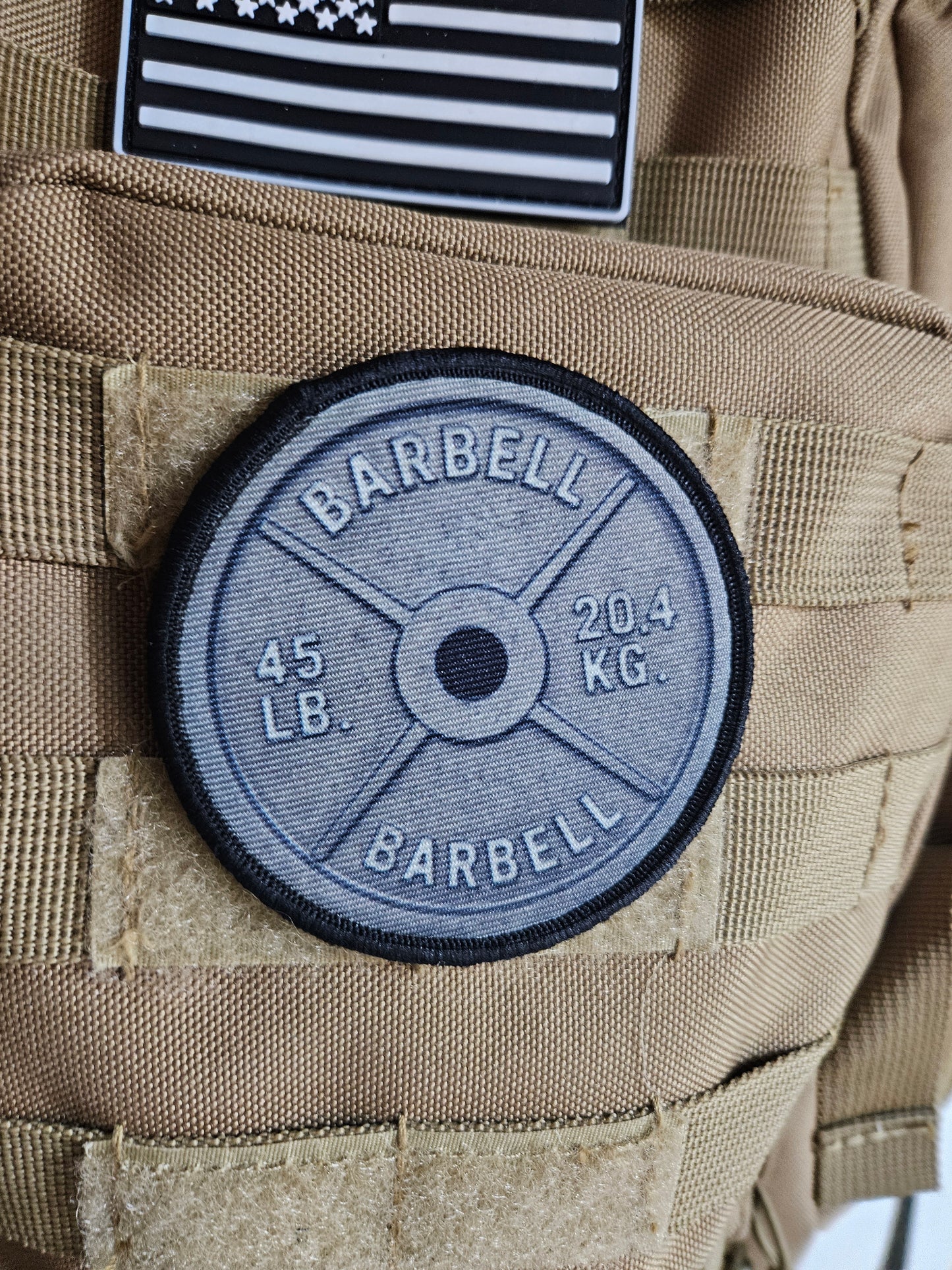 45 pound barbell plate fitness 3" circle morale patch with hook and loop backing