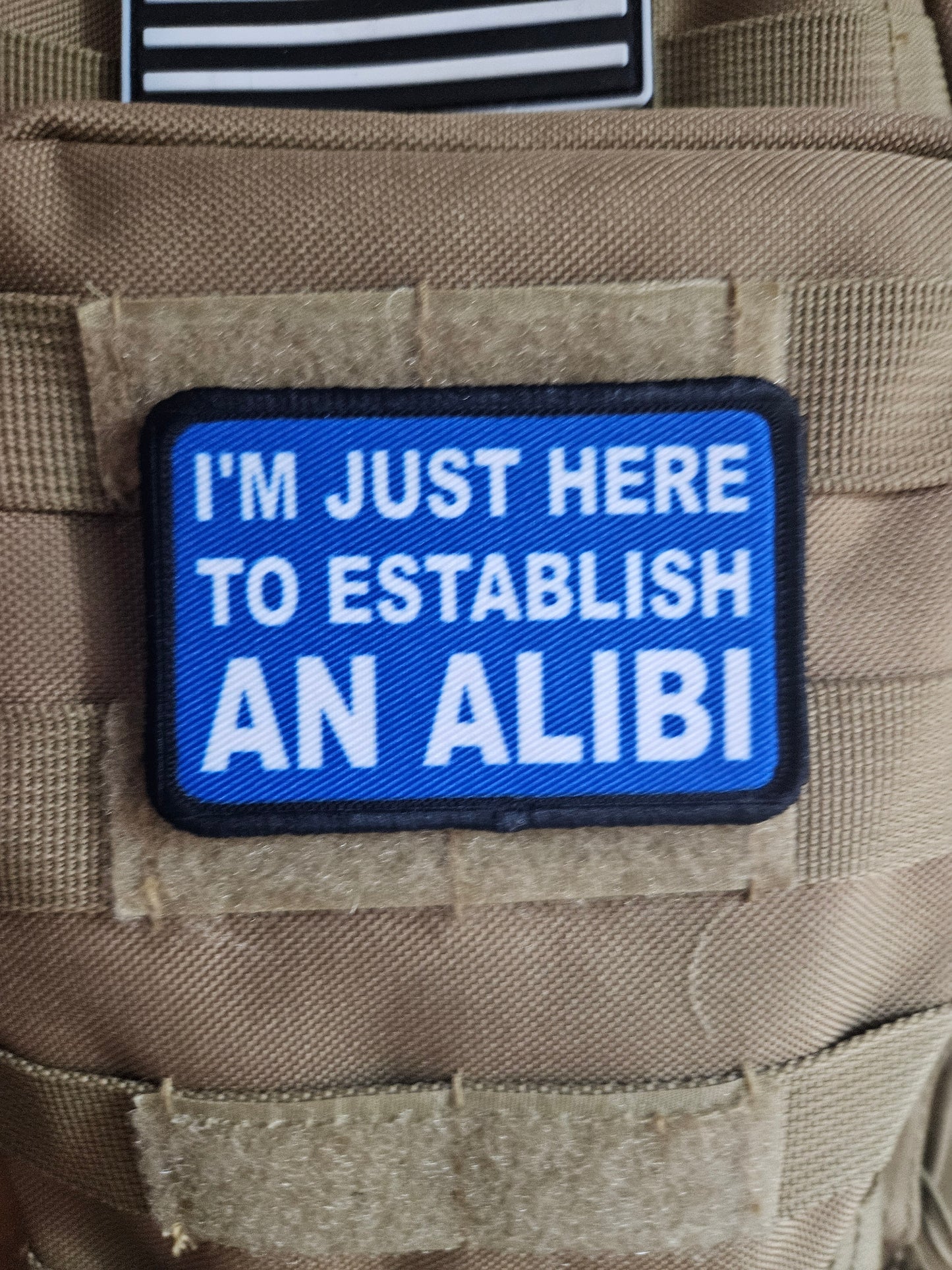 I'm just here to establish an alibi  2"x3"  removable morale patch with hook and loop backing